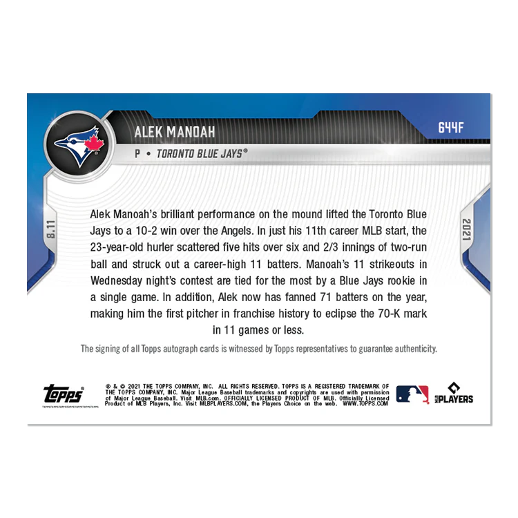 On-Card Auto # to 1 - Alek Manoah - 2021 MLB TOPPS NOW® Card 644F