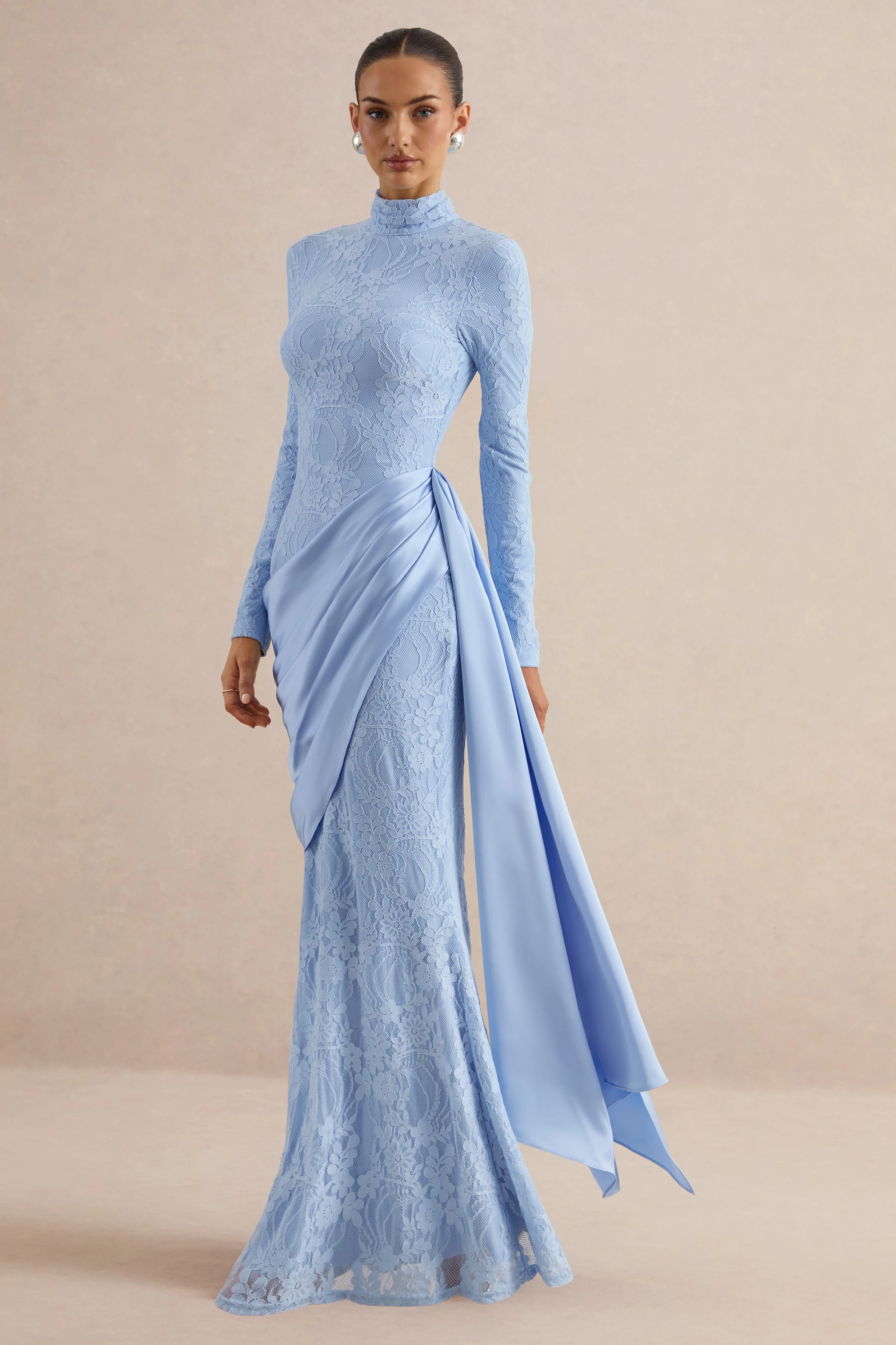 Enestra | Powder Blue Lace High Neck Long Sleeve Maxi Dress With Draped Detailing And Sash