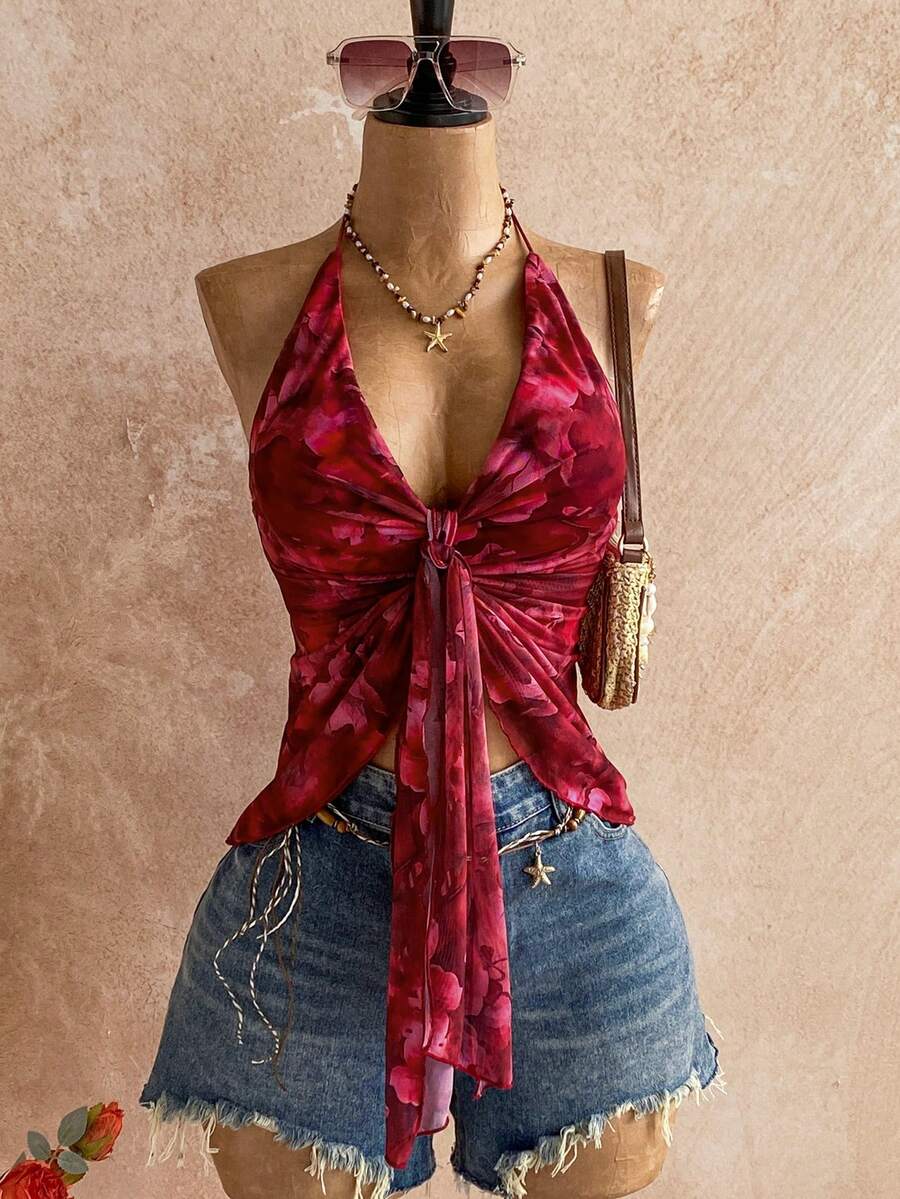 Soleia Party Top Beach Summer Vacation Valentine Holiday Carnival Women Holiday Casual Red Top Y2K Floral Print Tie Front Halter Neck Camisole Top