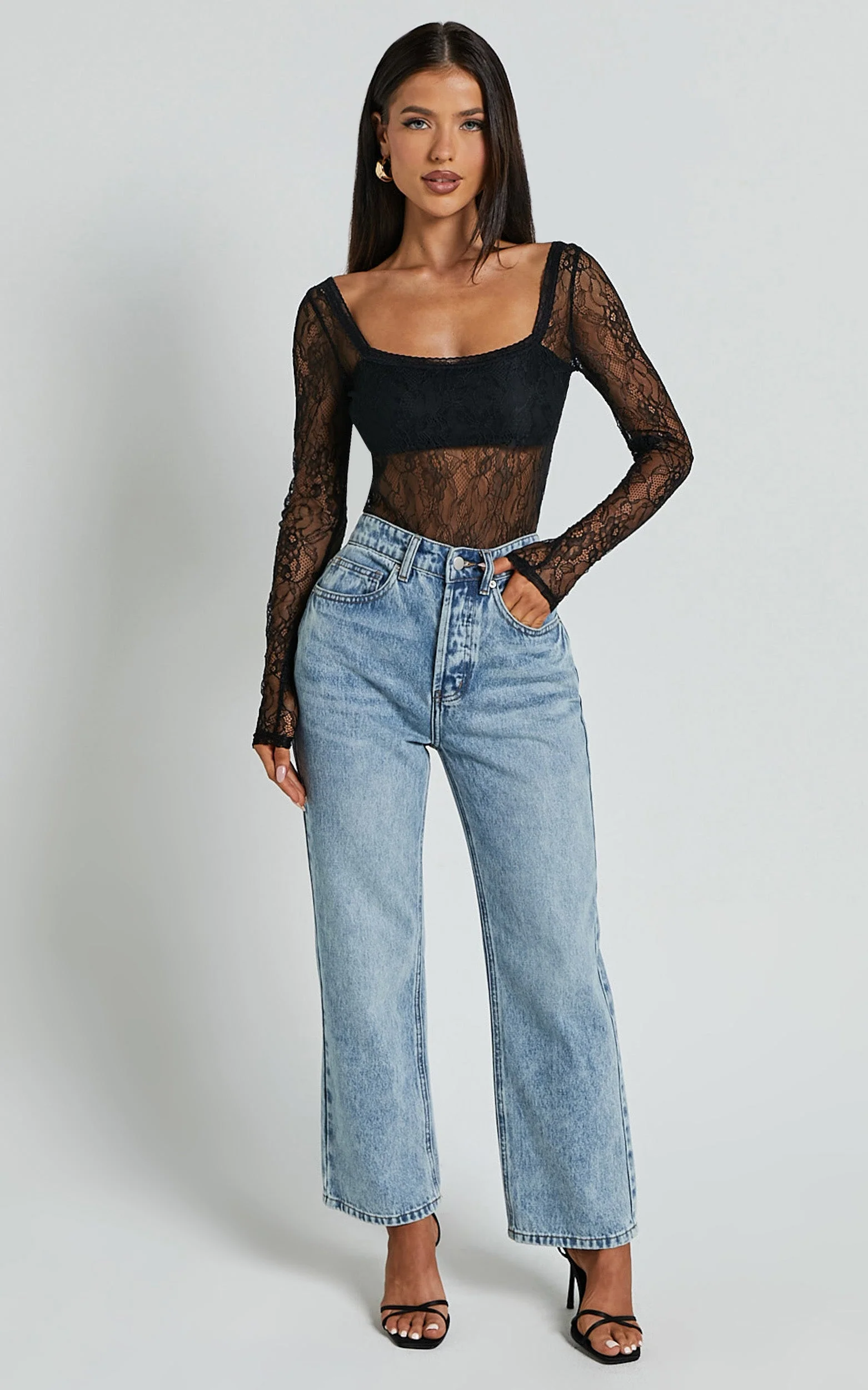 Cynthia Bodysuit - Long Sleeve Lace Bodysuit in Black