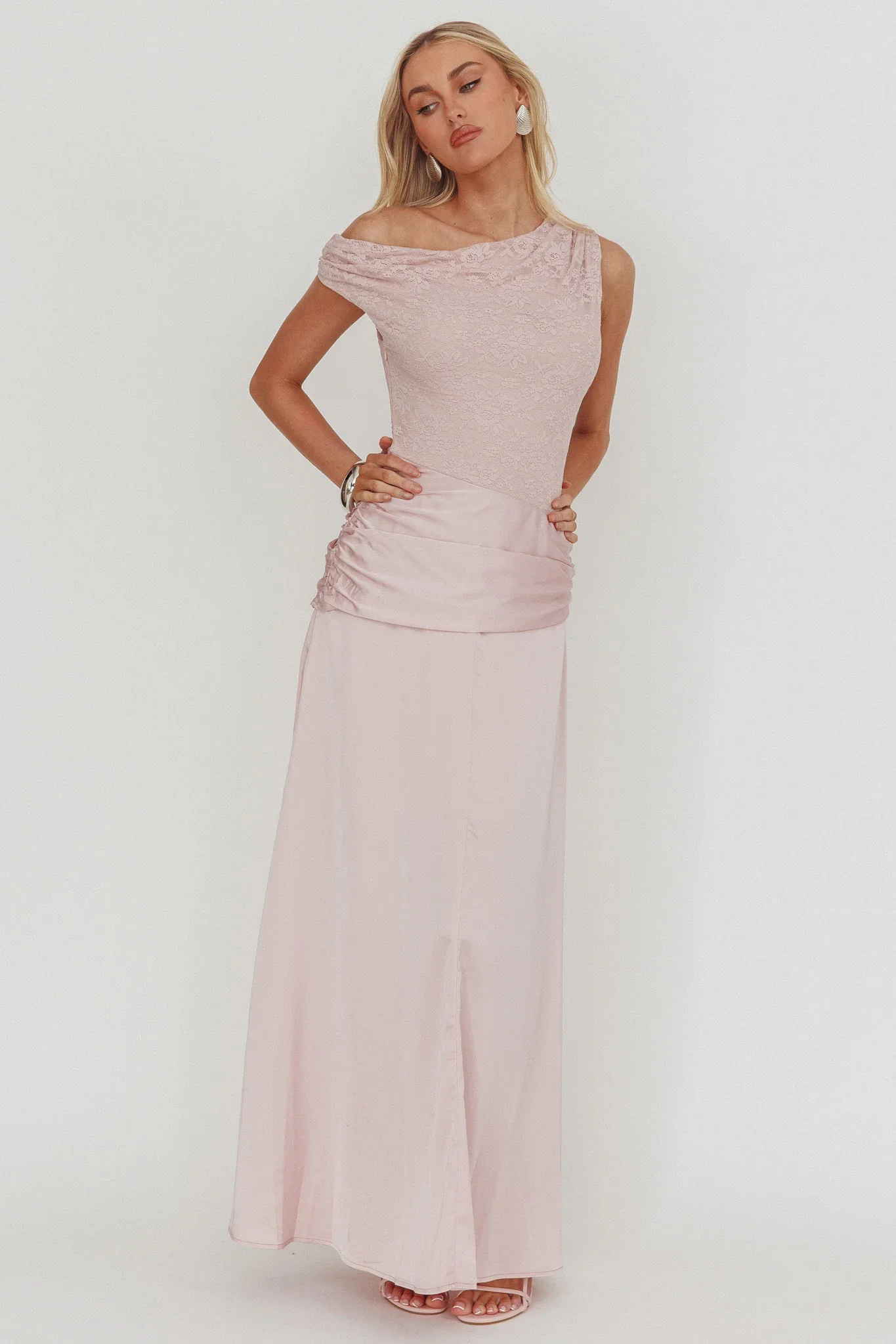Diana Asymmetric Shoulder Pleat Waist Maxi Dress Blush