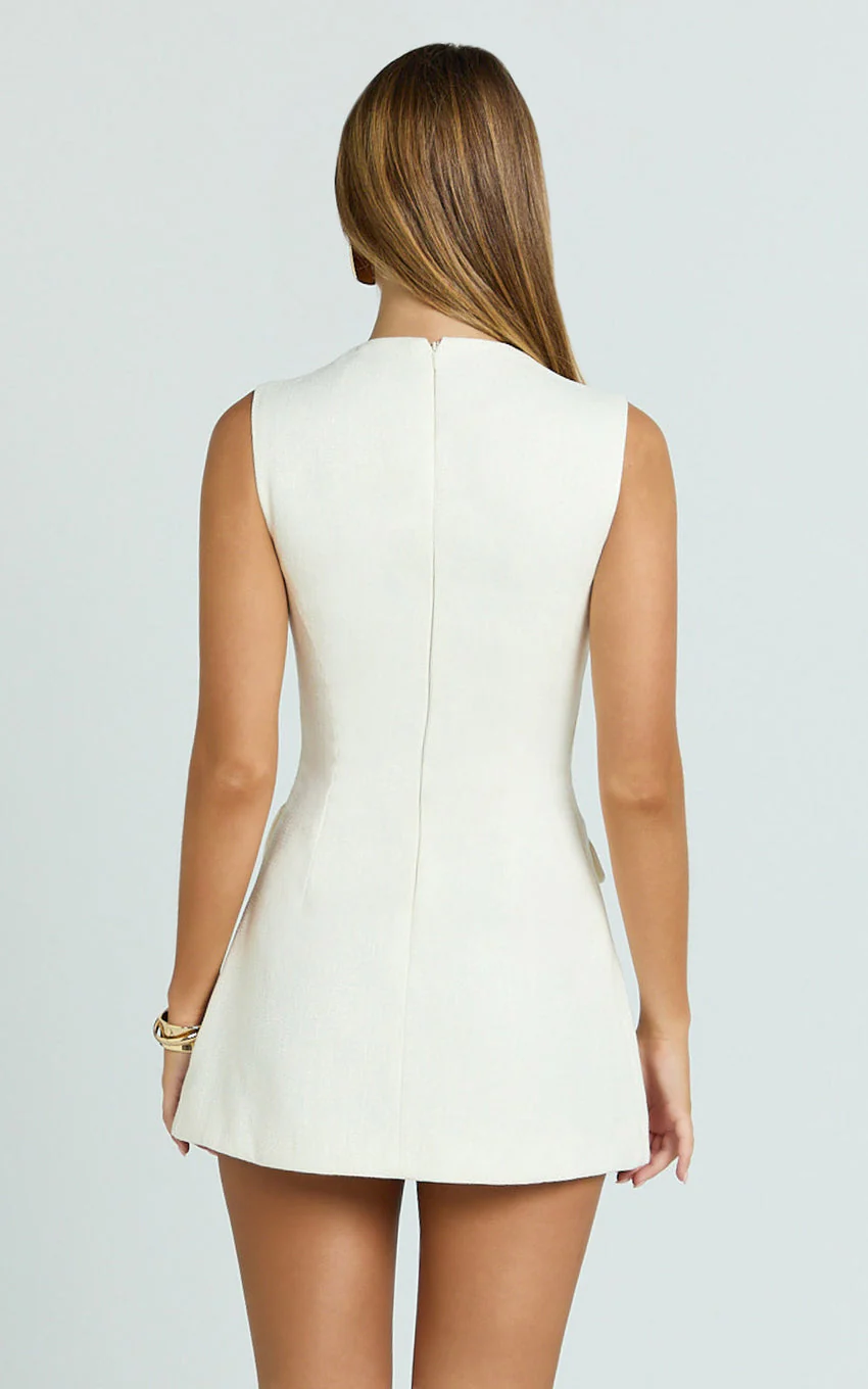 Halsey Mini Dress - Sleeveless Deep U Neck Faux Wrap Tulip Dress in Cream
