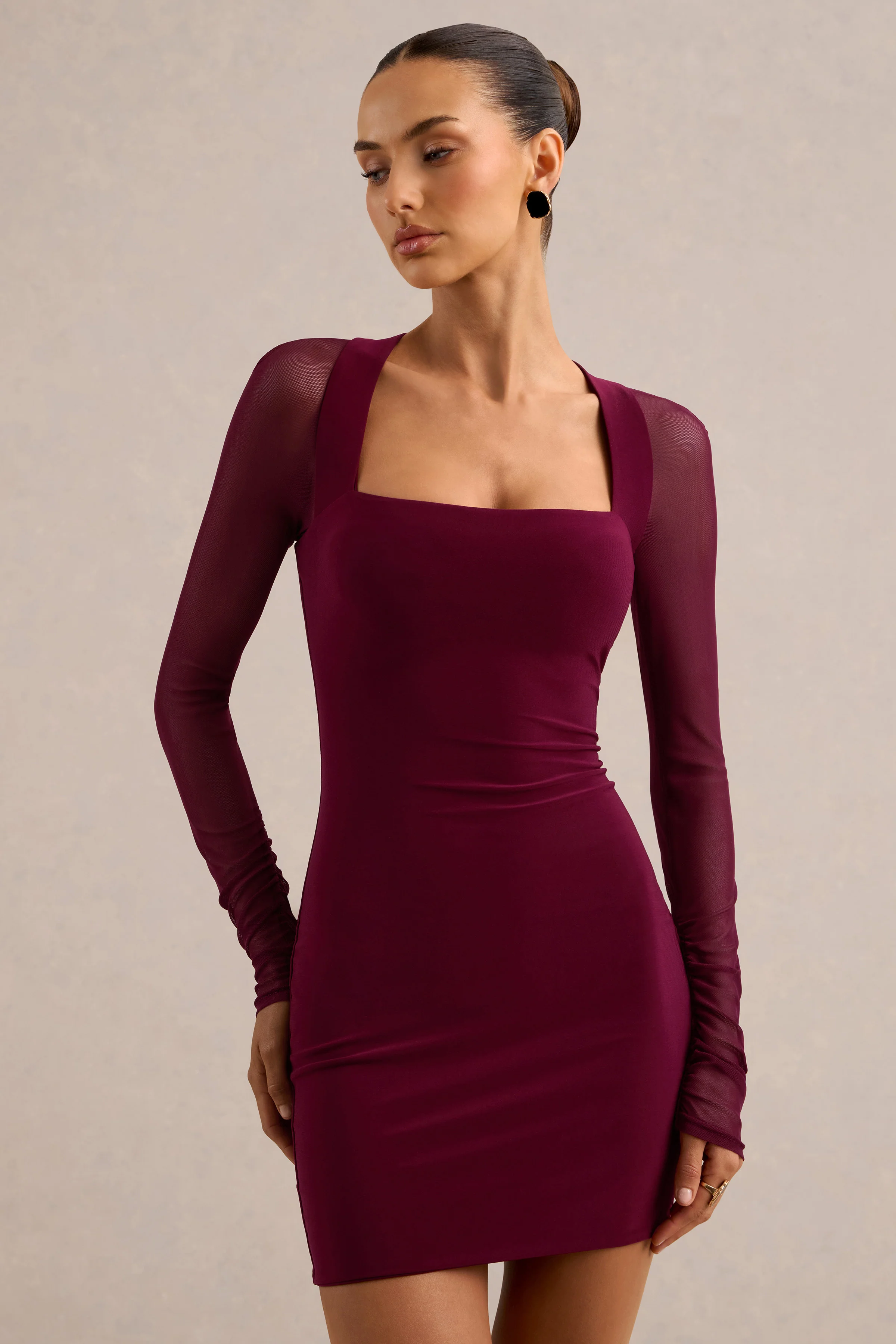 Alisse | Burgundy Jersey Square Neck Mini Dress With Sheer Mesh Sleeves