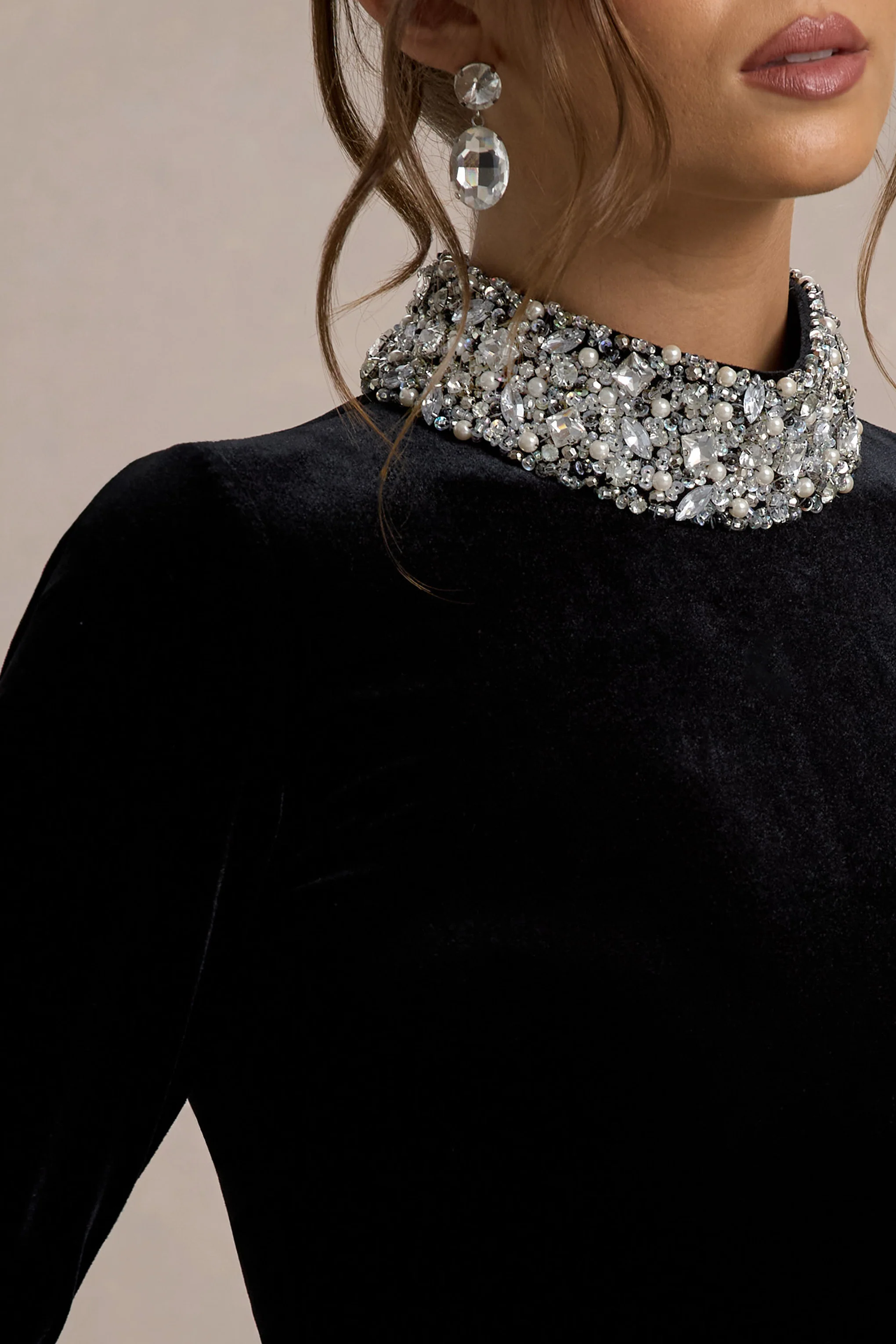 Love Lost | Black Velvet Embellished Twist Maxi Dress