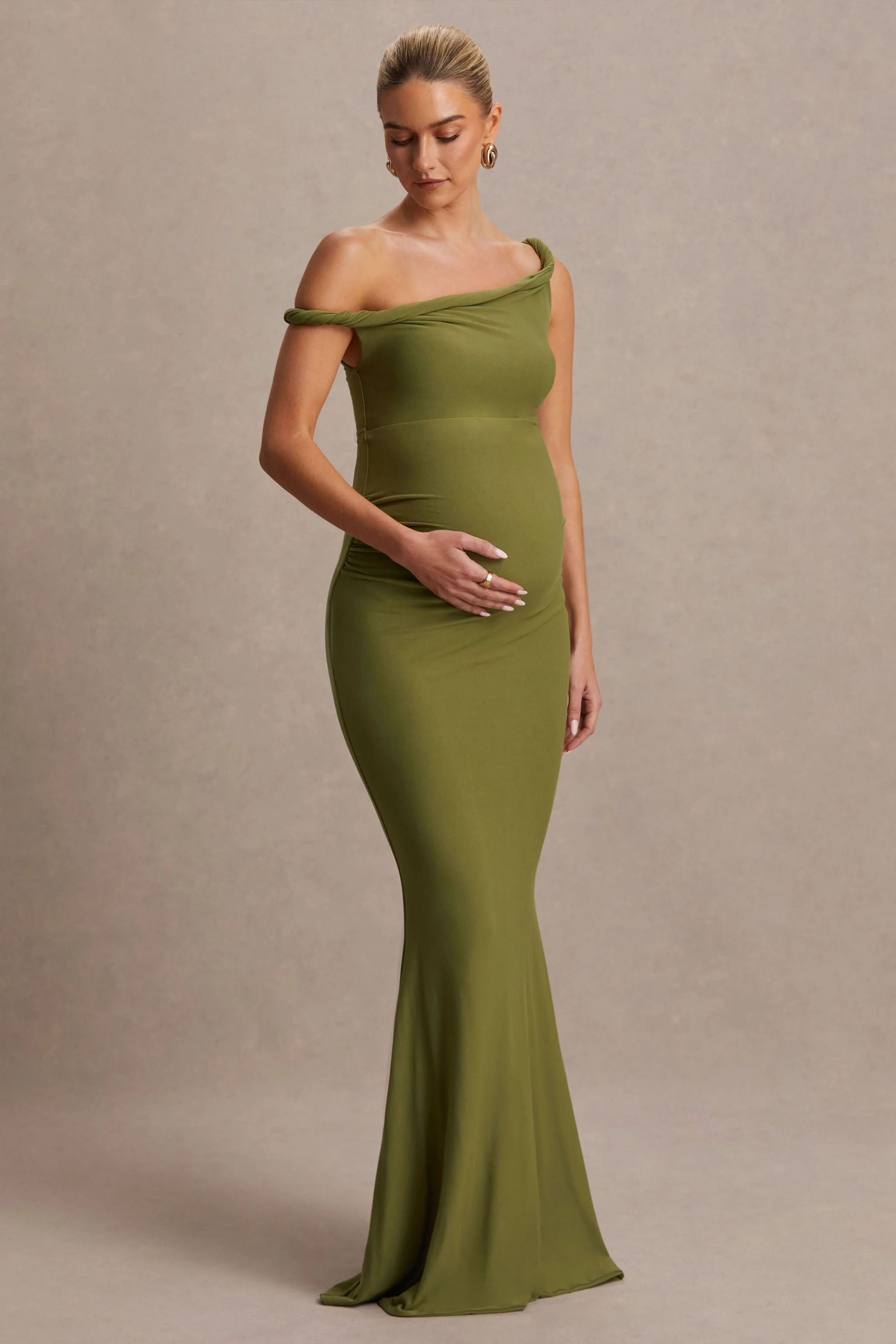 Lita | Olive Twisted Asymmetric Maternity Maxi Dress