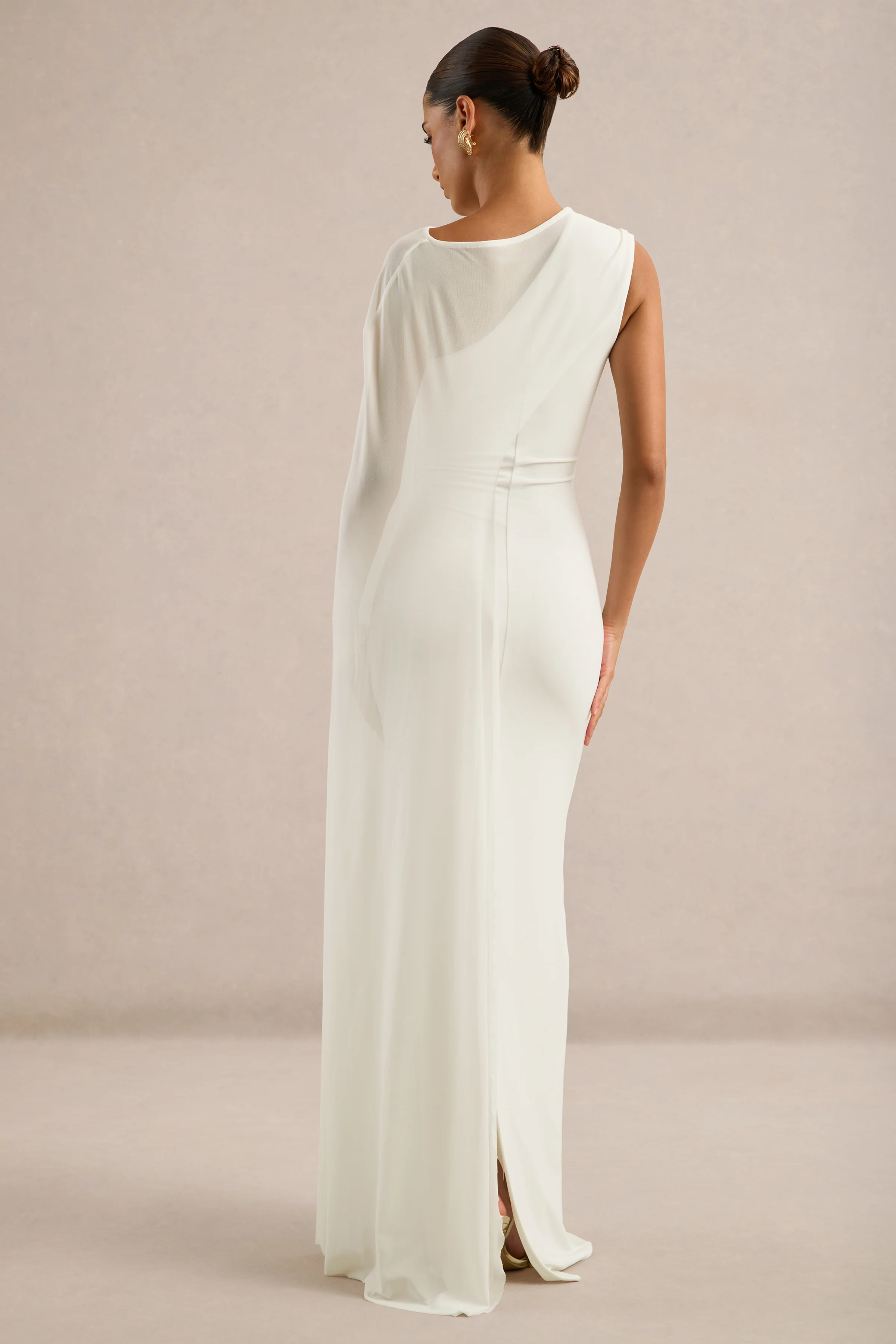 Mirelle | White Jersey Boat Neck Maxi Dress With Mesh Cape And Back Split