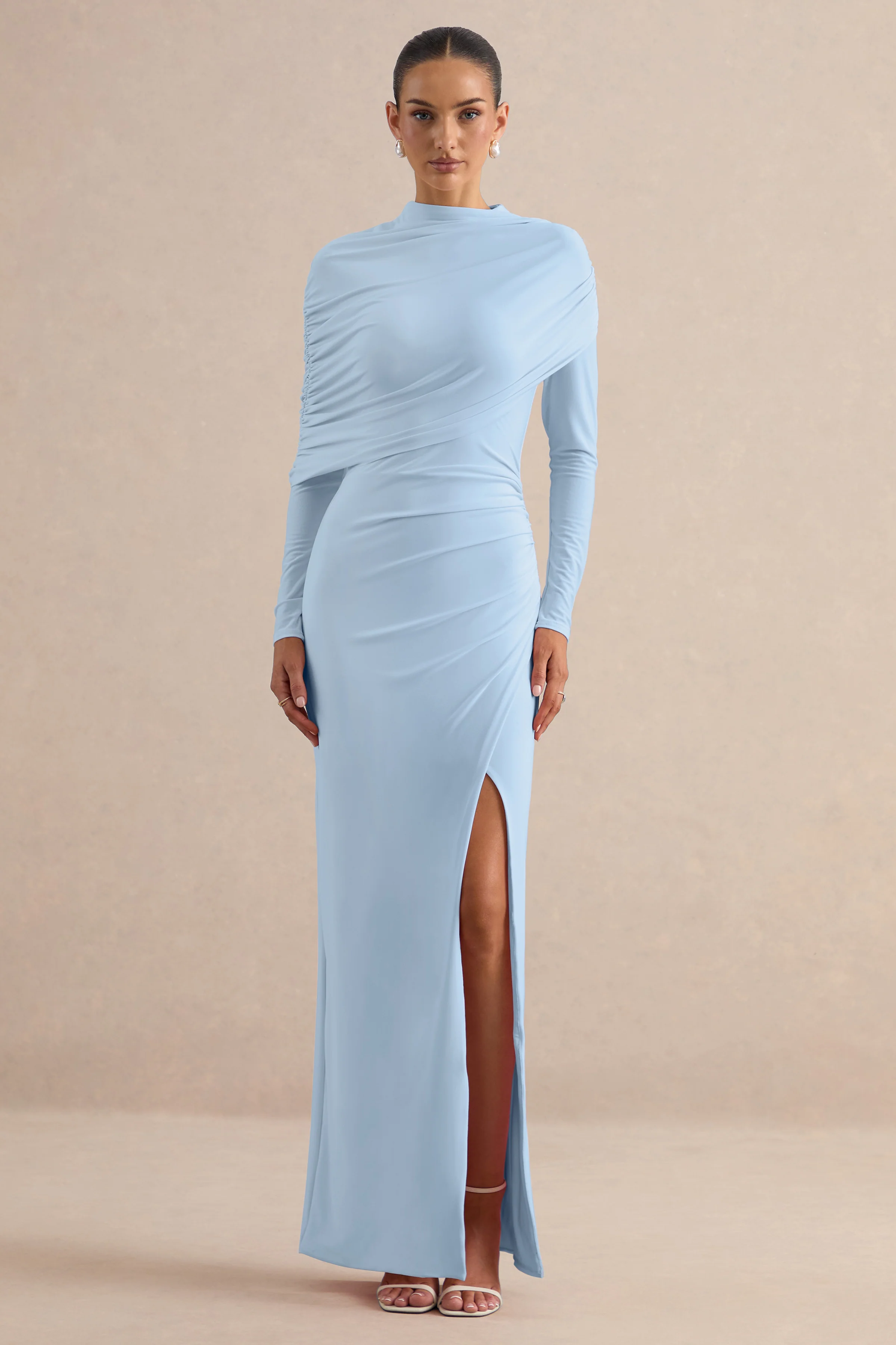Gatsby | Light Blue High-Neck Maxi Dress With Feather Trim Cuffs