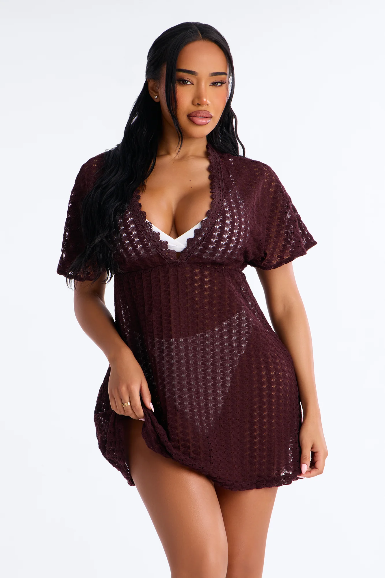 Palm Tree Shade Swim Cover Up Mini Dress - Chocolate