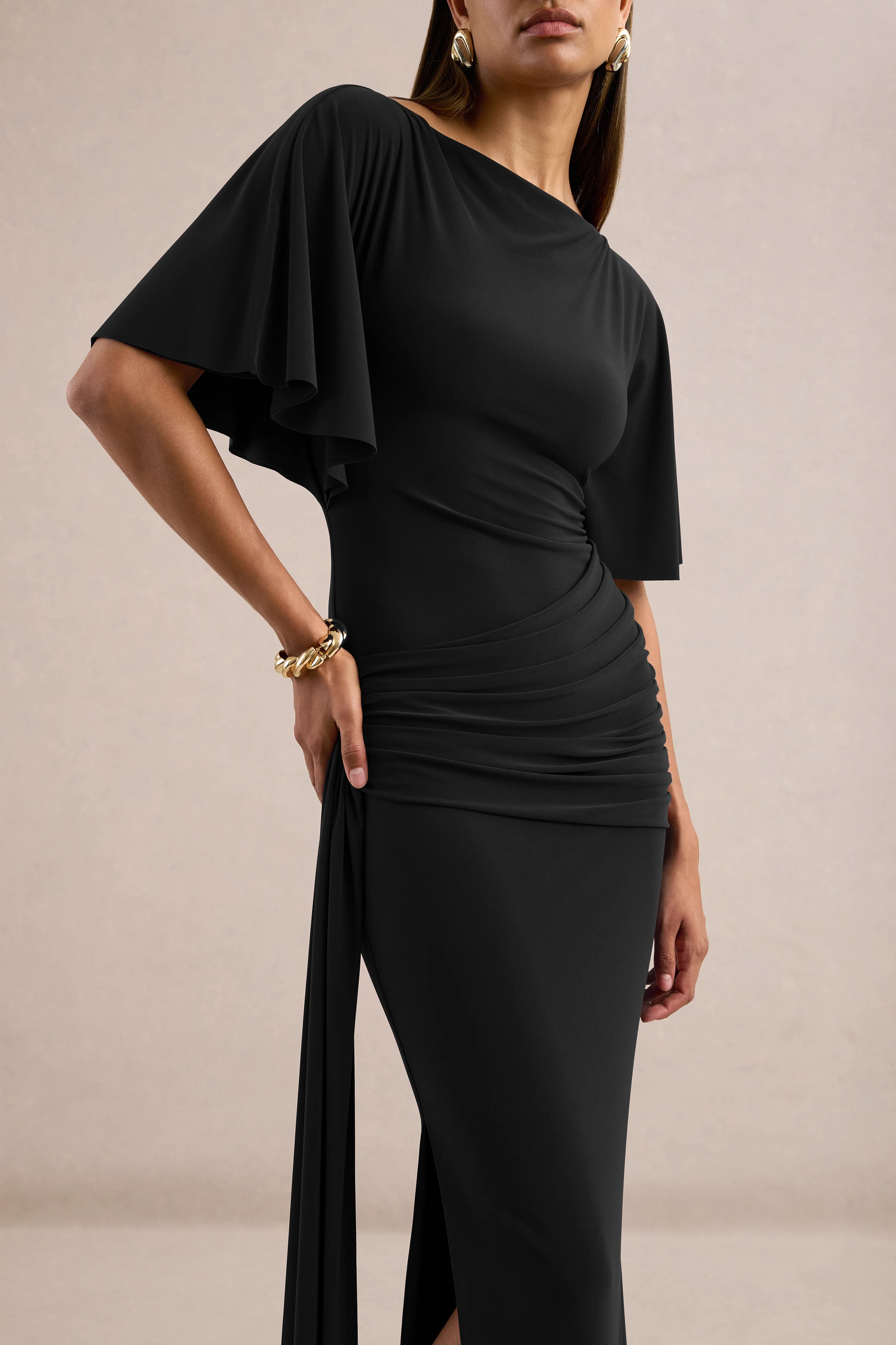 Emerelle | Black Jersey Ruched Boat Neck Short Sleeve Maxi Dress With Sash And Split