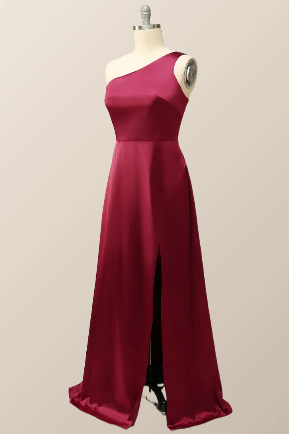 One Shoulder Wine Red Satin A-line Formal Dress