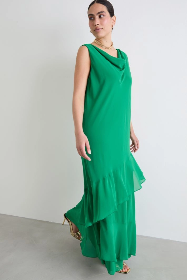Long flounced georgette dress - GREEN