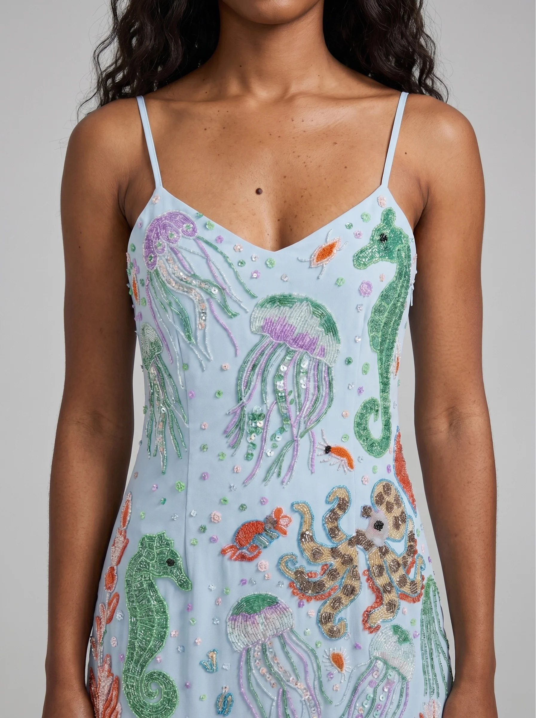 Marine Dream Light Blue Hand-Embroidery Mini Dress