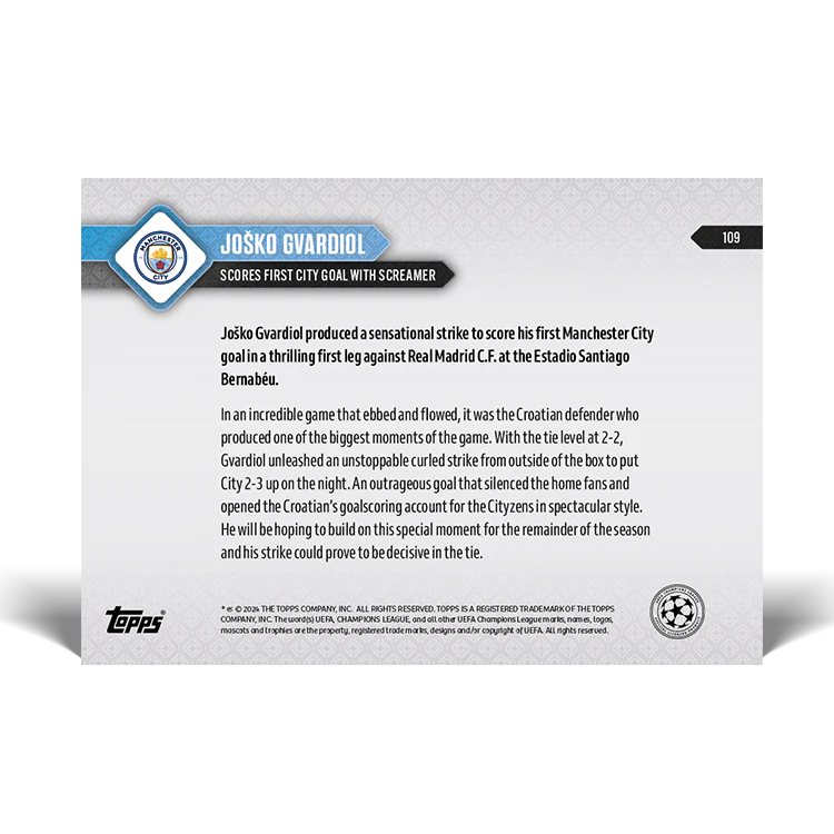 Joško Gvardiol - Scores first City goal with screamer - 23/24 UCL TOPPS NOW® Card 109