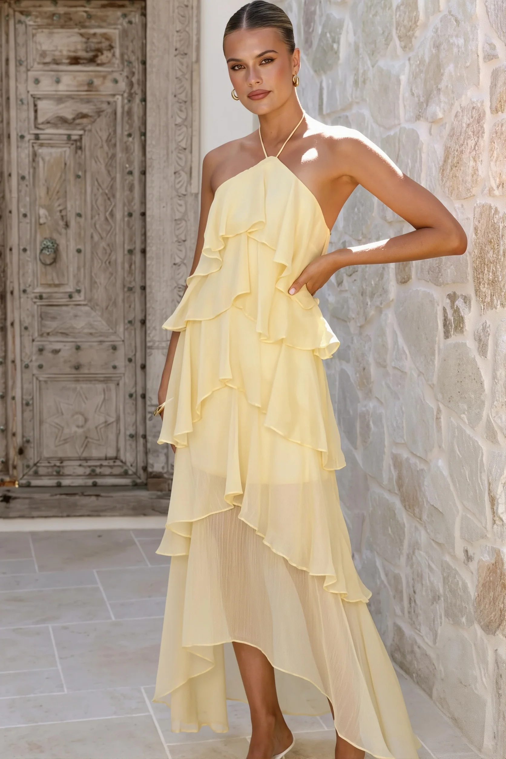 Tiered Ruffle Chiffon Print Maxi Dress