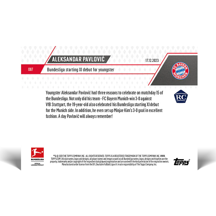 Topps UK - Aleksandar Pavlović - Bundesliga starting XI debut for youngster - Bundesliga TOPPS NOW® Card #87