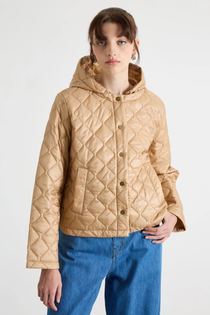 Hooded short padded jacket - CAMEL