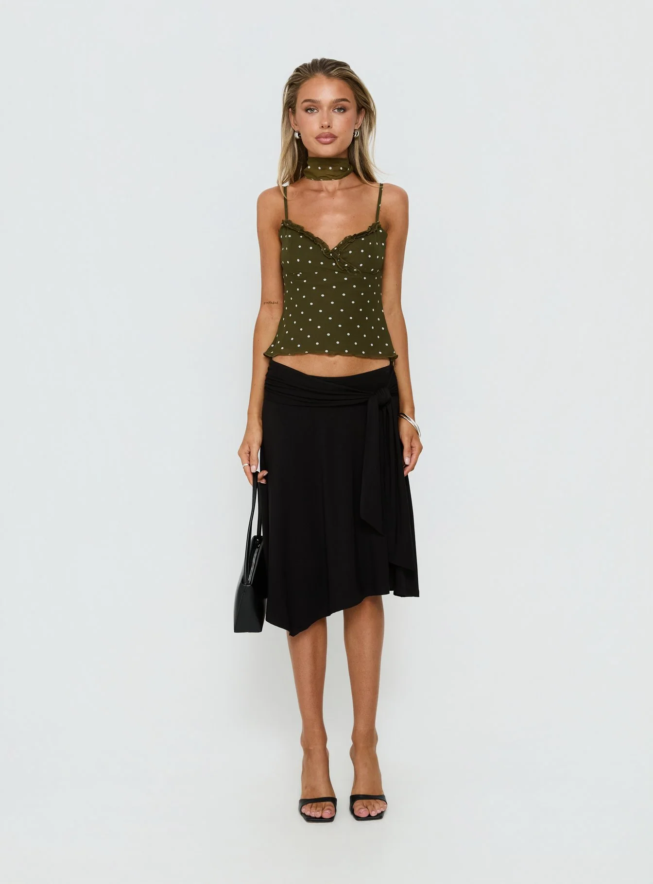 Mishy Scarf Detail Cami Top Olive Polka