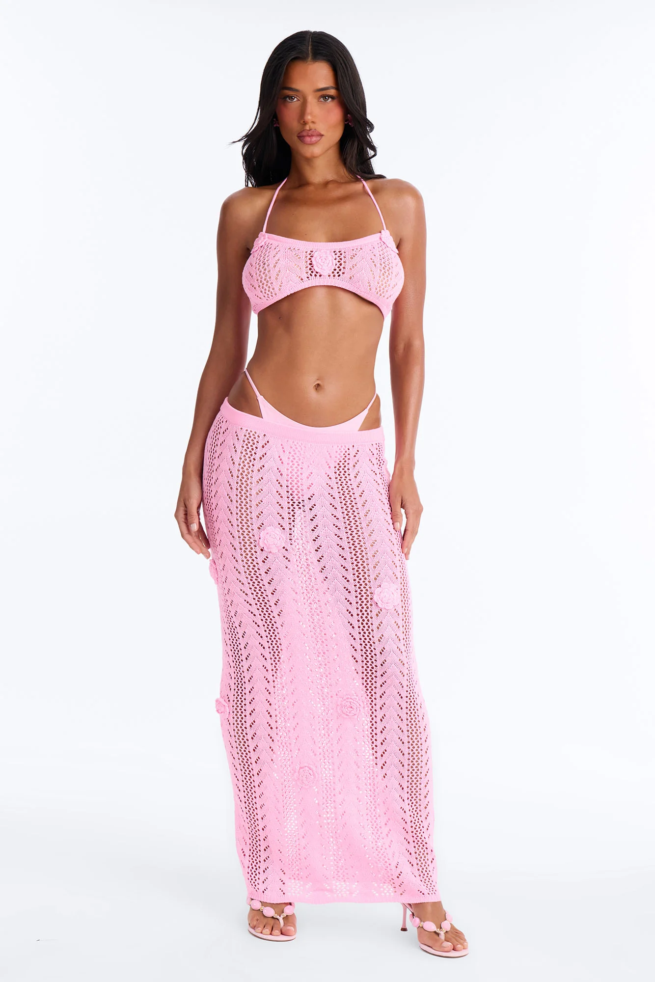 Seas The Bloom 3 Piece Floral Swim Crochet Cover Up Skirt Set - Pink
