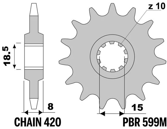 Gearbox output pinion PBR standard steel 599M - 420 13 teethAPRILIA 50 RS 50 - 1993 - 1994Ref: Pbr01628A / 1149733001