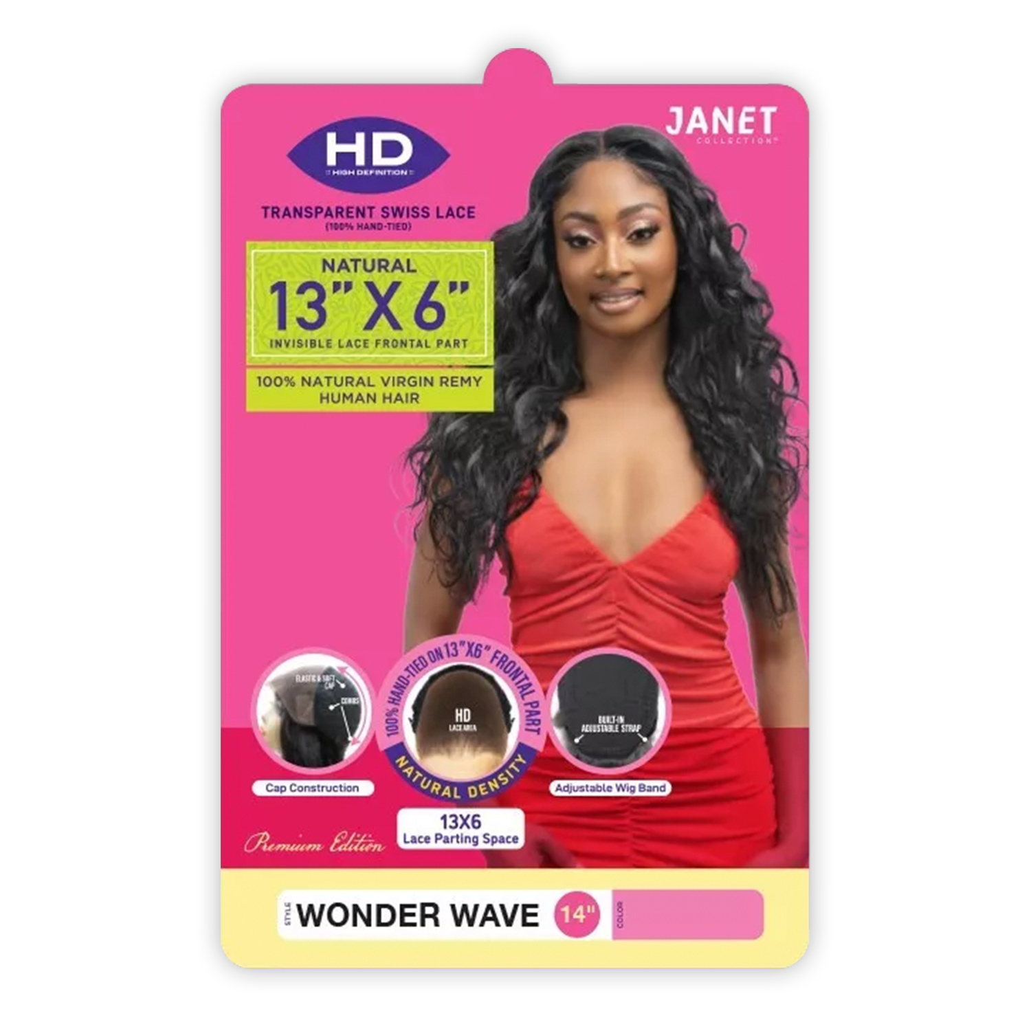 Janet Collection Natural Virgin Remy Human Hair HD Swiss Lace Frontal Wig Hand-Tied 13X6 Wonder Wave 14
