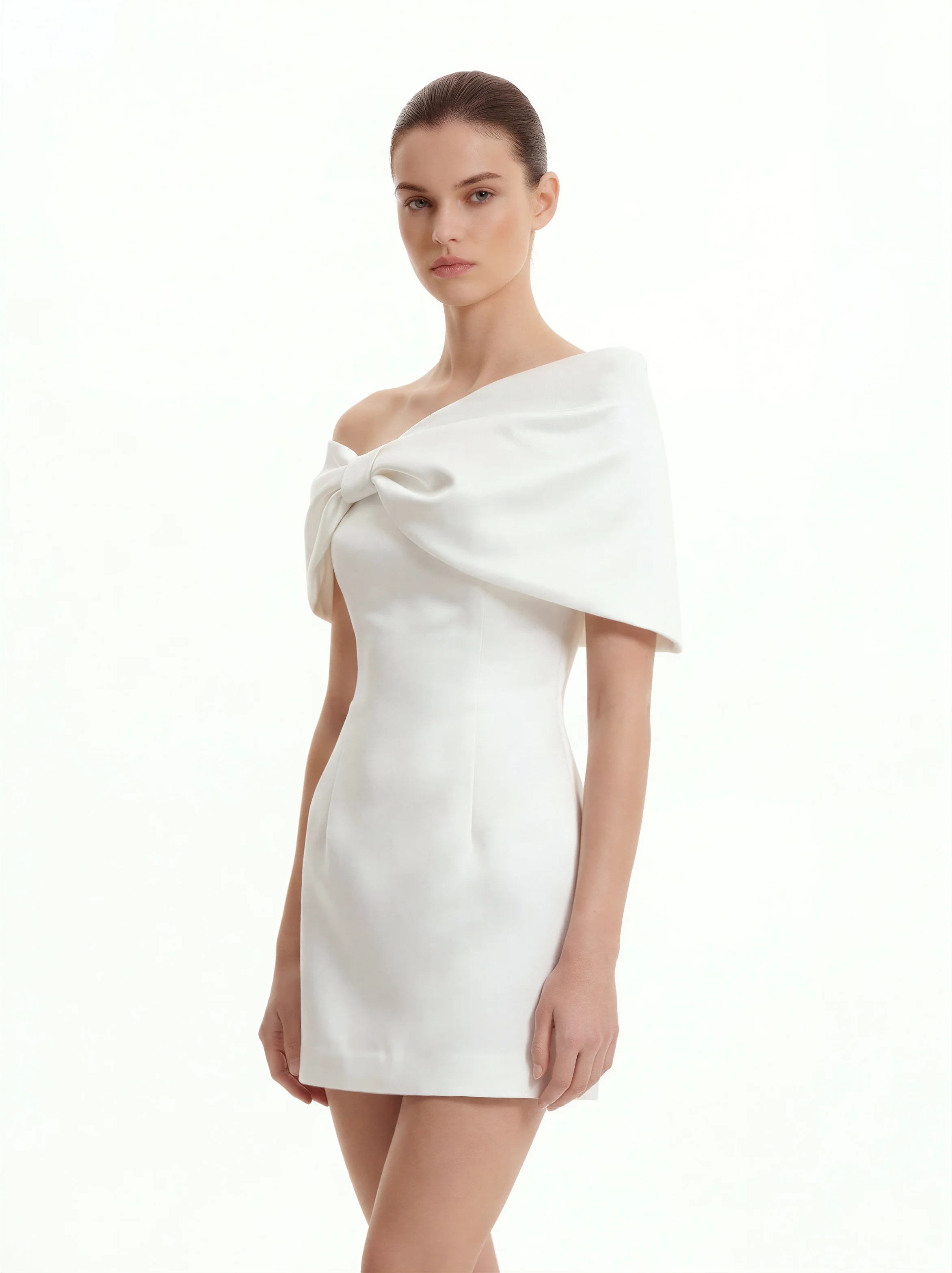 Satin Asymmetric Bow Mini Dress - White