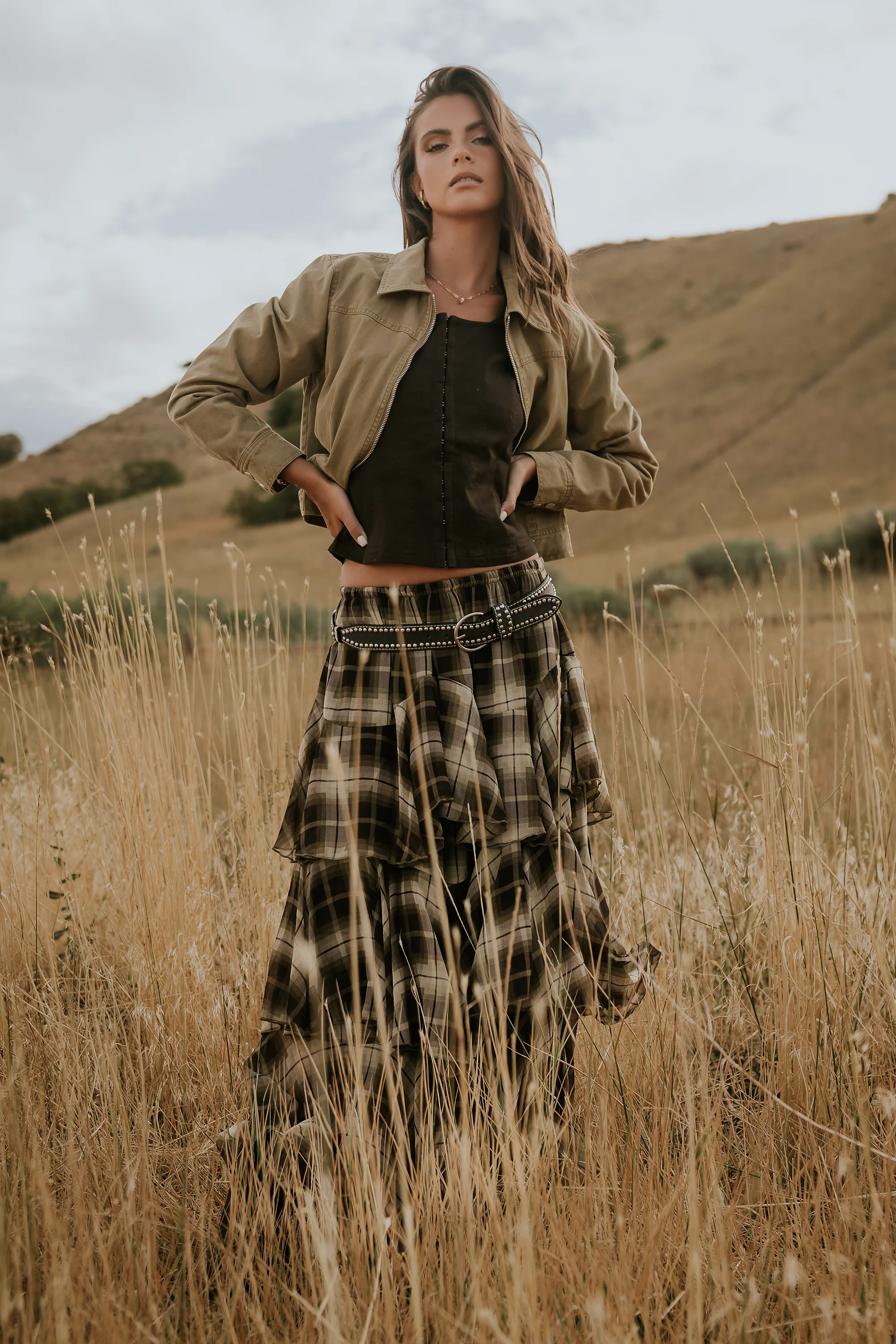 Allyson Plaid Ruffle Midi Skirt