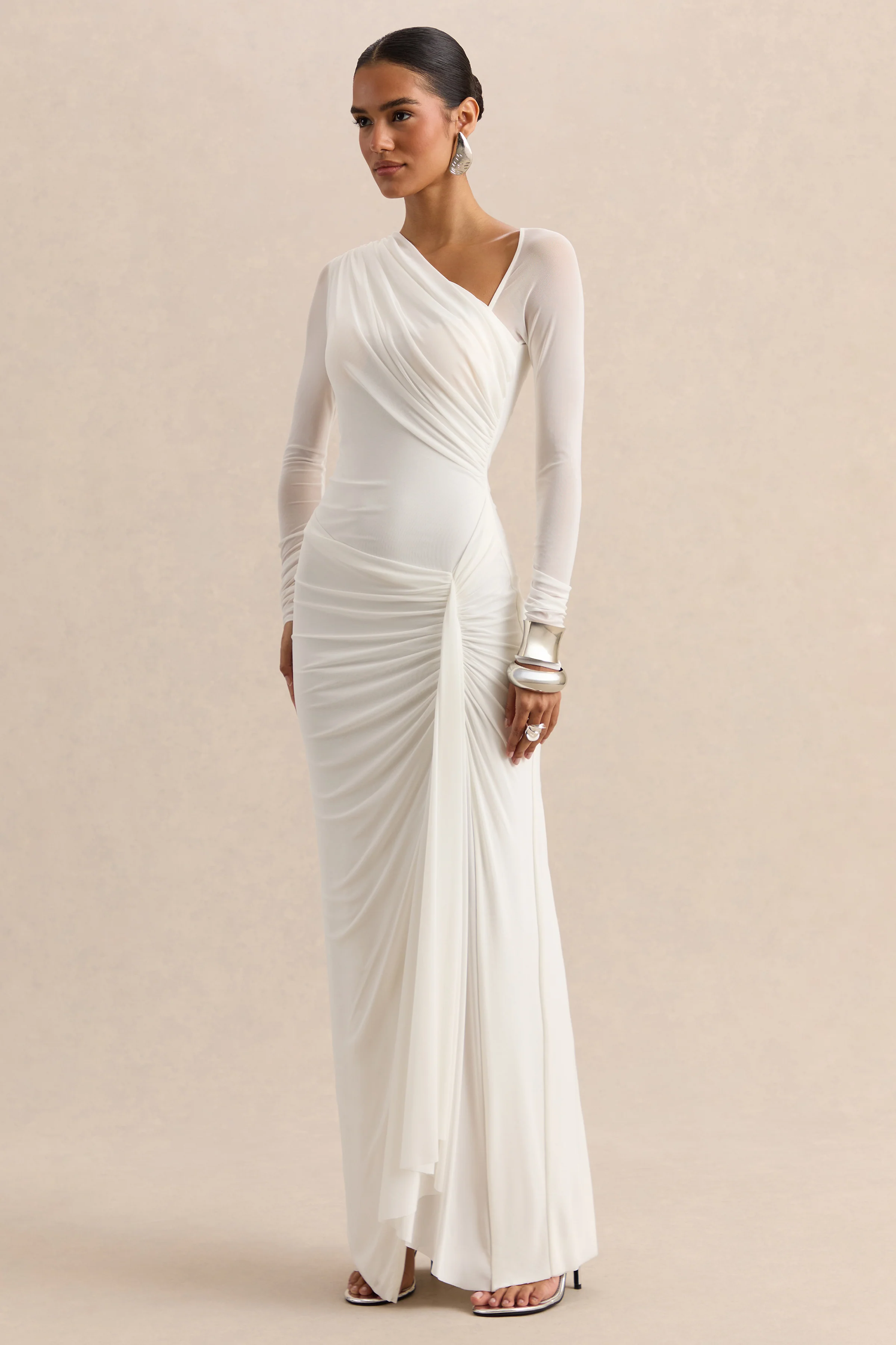 Rimena | White Asymmetric-Neck Maxi-Dress With Gathered Detailing And Mesh Long-Sleeves