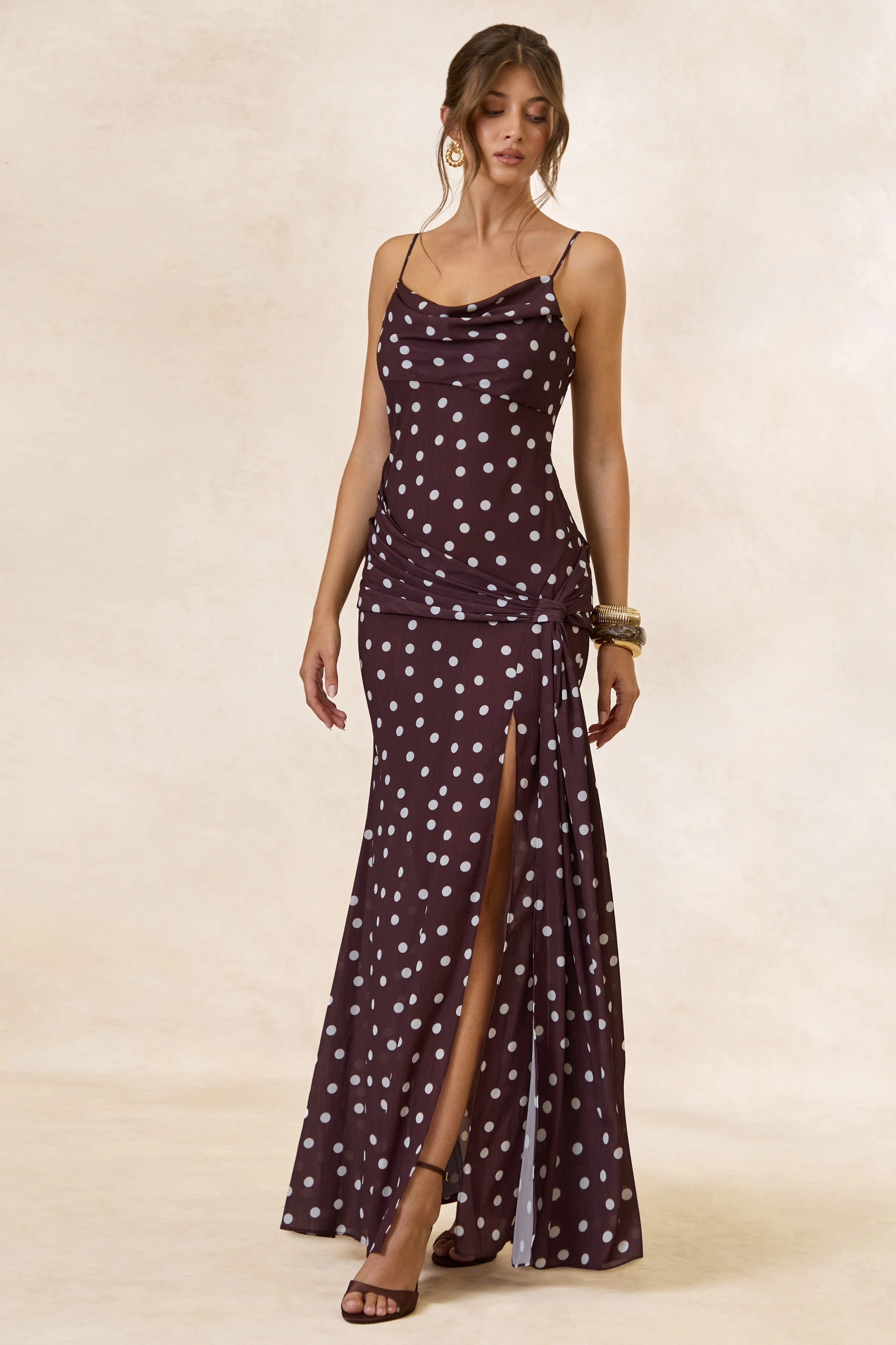Virtue | Dark Brown Polka Dot Print Sheer Chiffon Cowl Maxi Dress With Sash And Split