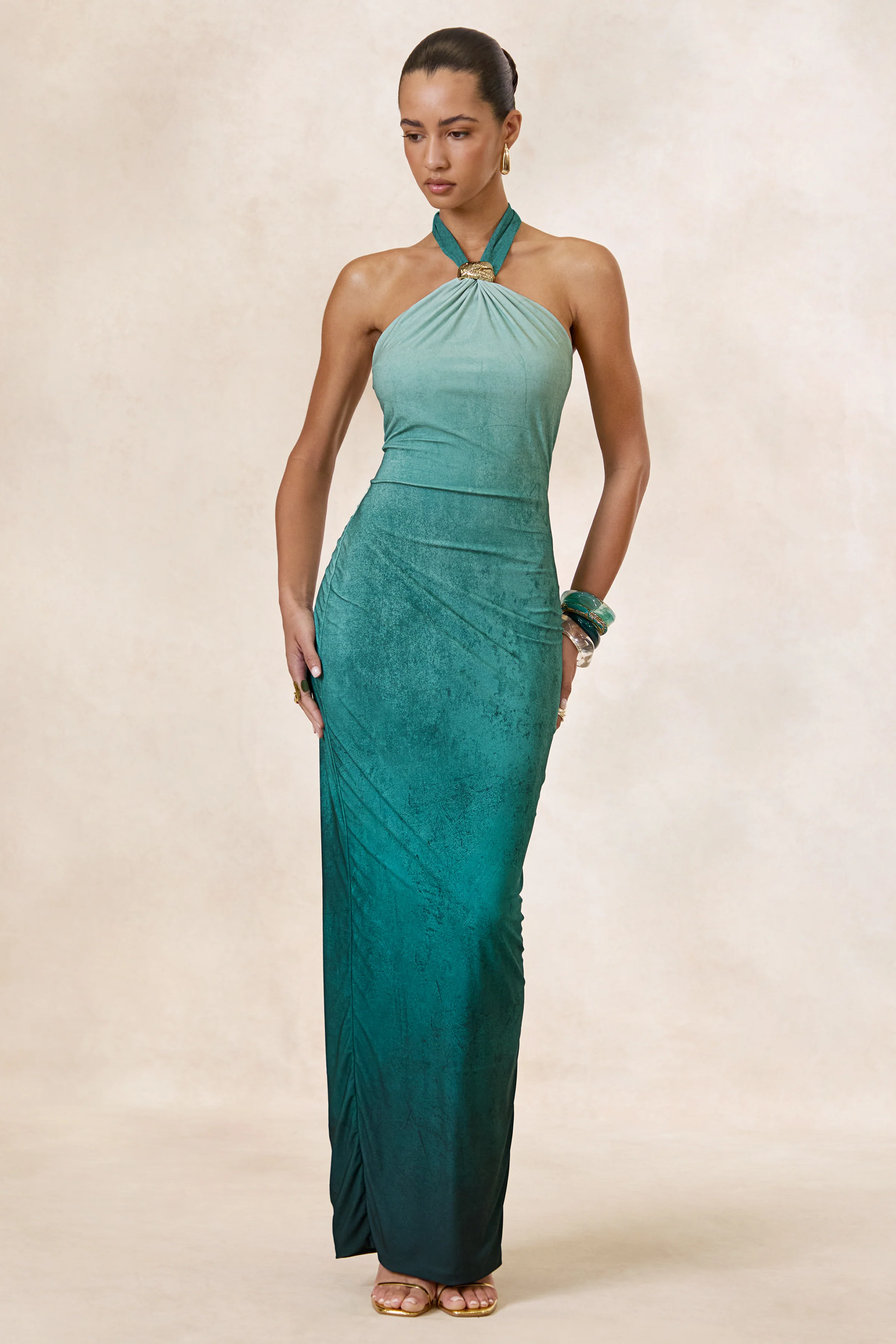 Thera | Turquoise Ombre Print Jersey Halter Maxi Dress With Gold Trim Detailing And Back Split