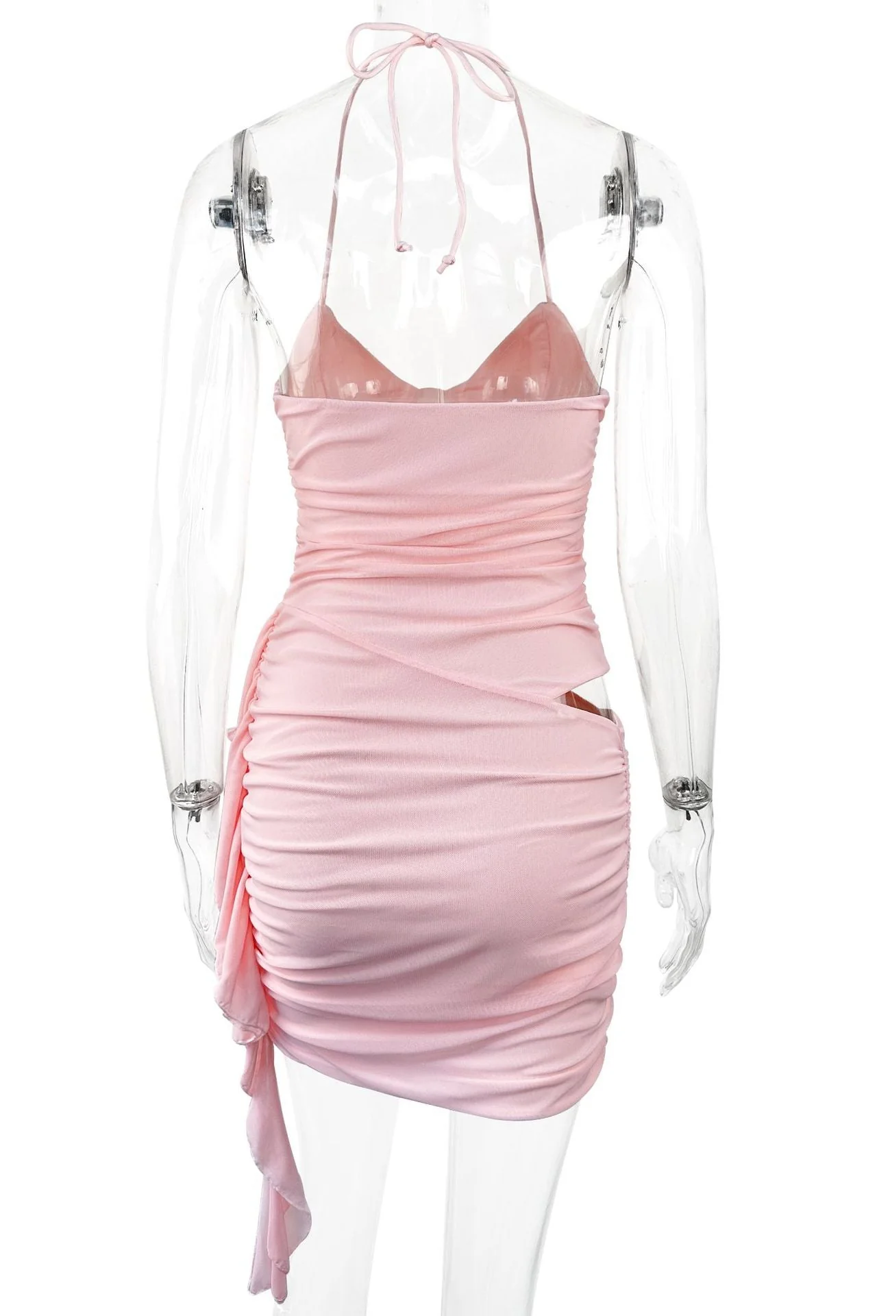 Halter Pink Fitted Frill Train Short Dress