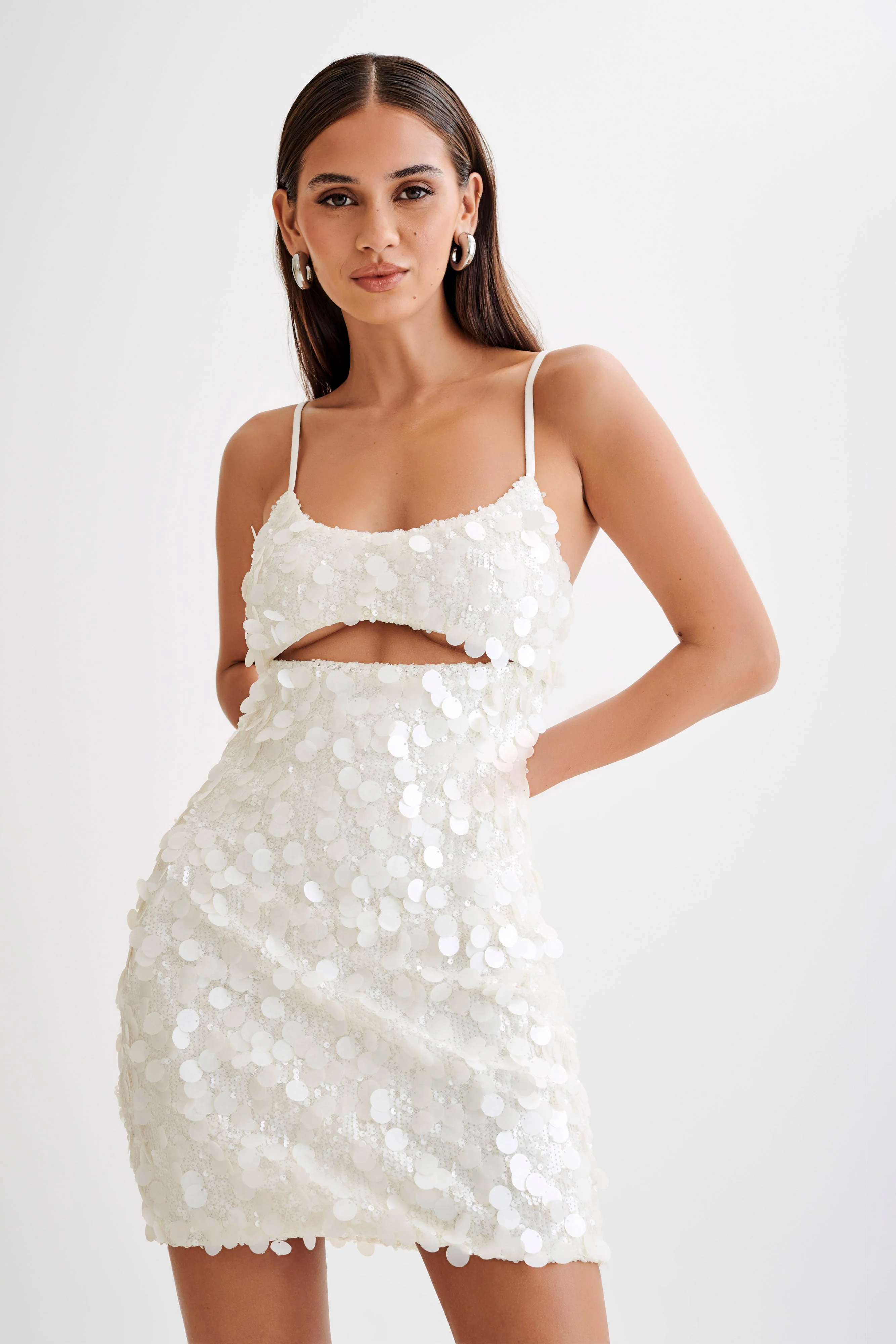 MESHKI Xanthe Transparent Sequin Cut Out Mini Dress - Ivory