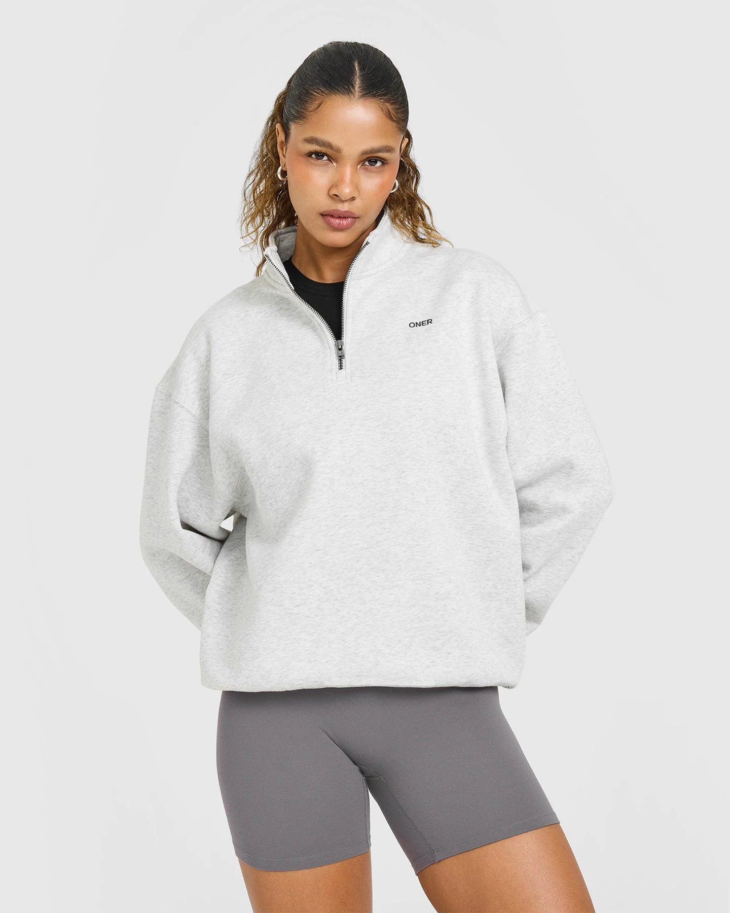 Foundations Oversized 1/4 Zip Sweatshirt | Light Grey Marl