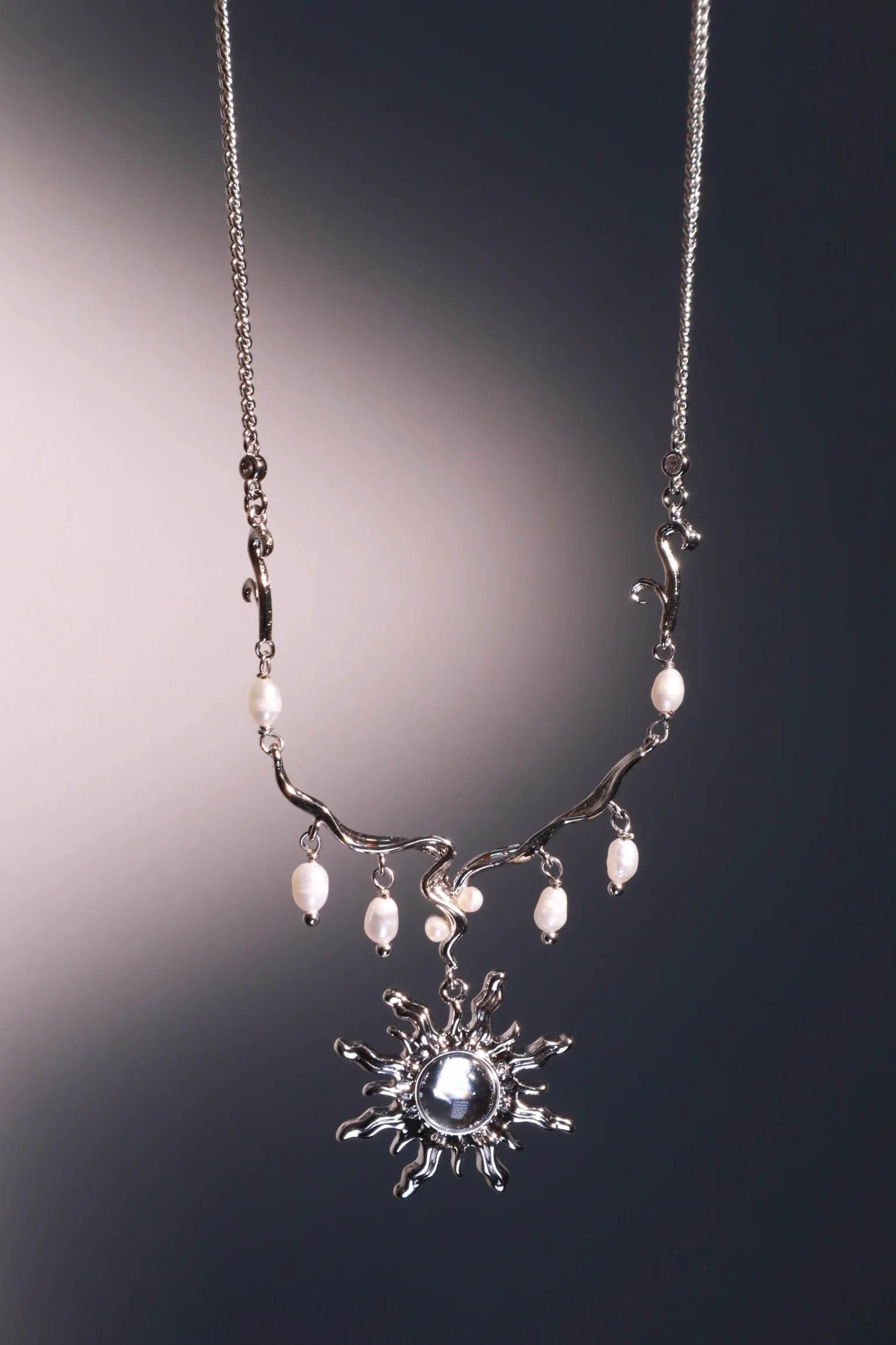 Palladium White Gold Plated White Opal Sun Pearls Necklace