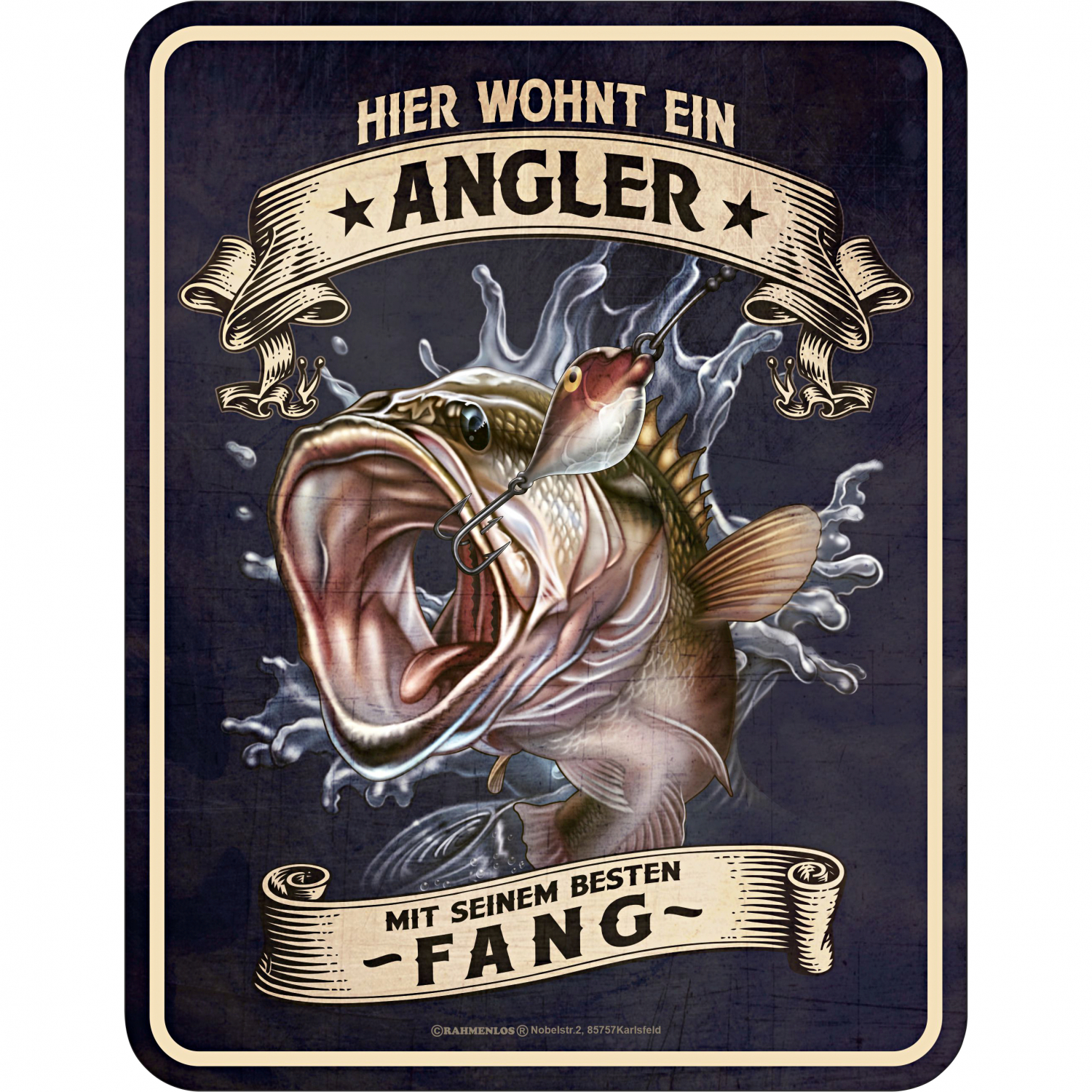 Rahmenlos Tin Sign (An angler lives here)