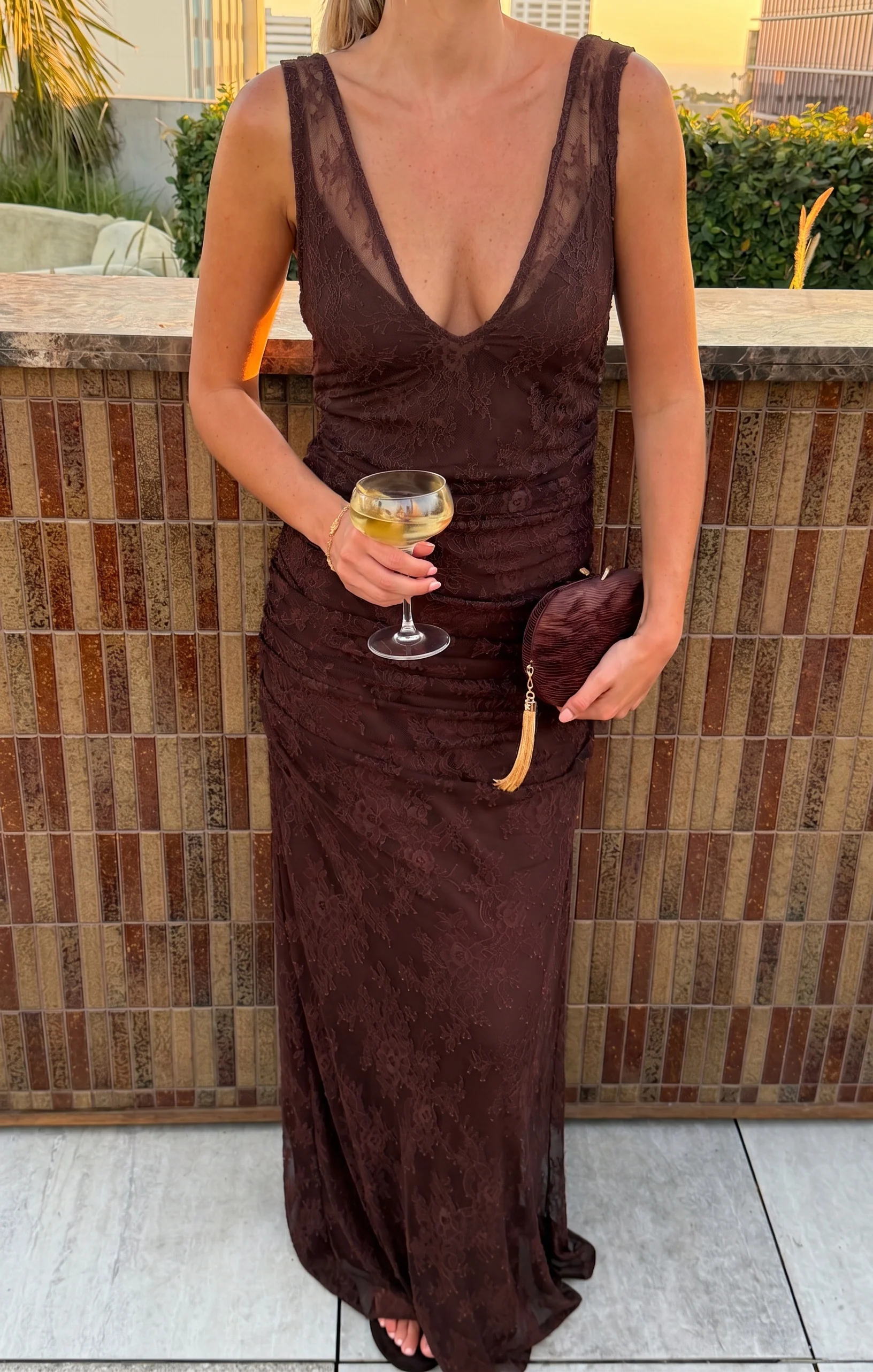 Angelina Maxi Dress ~ Chocolate Luxe Satin With Lace