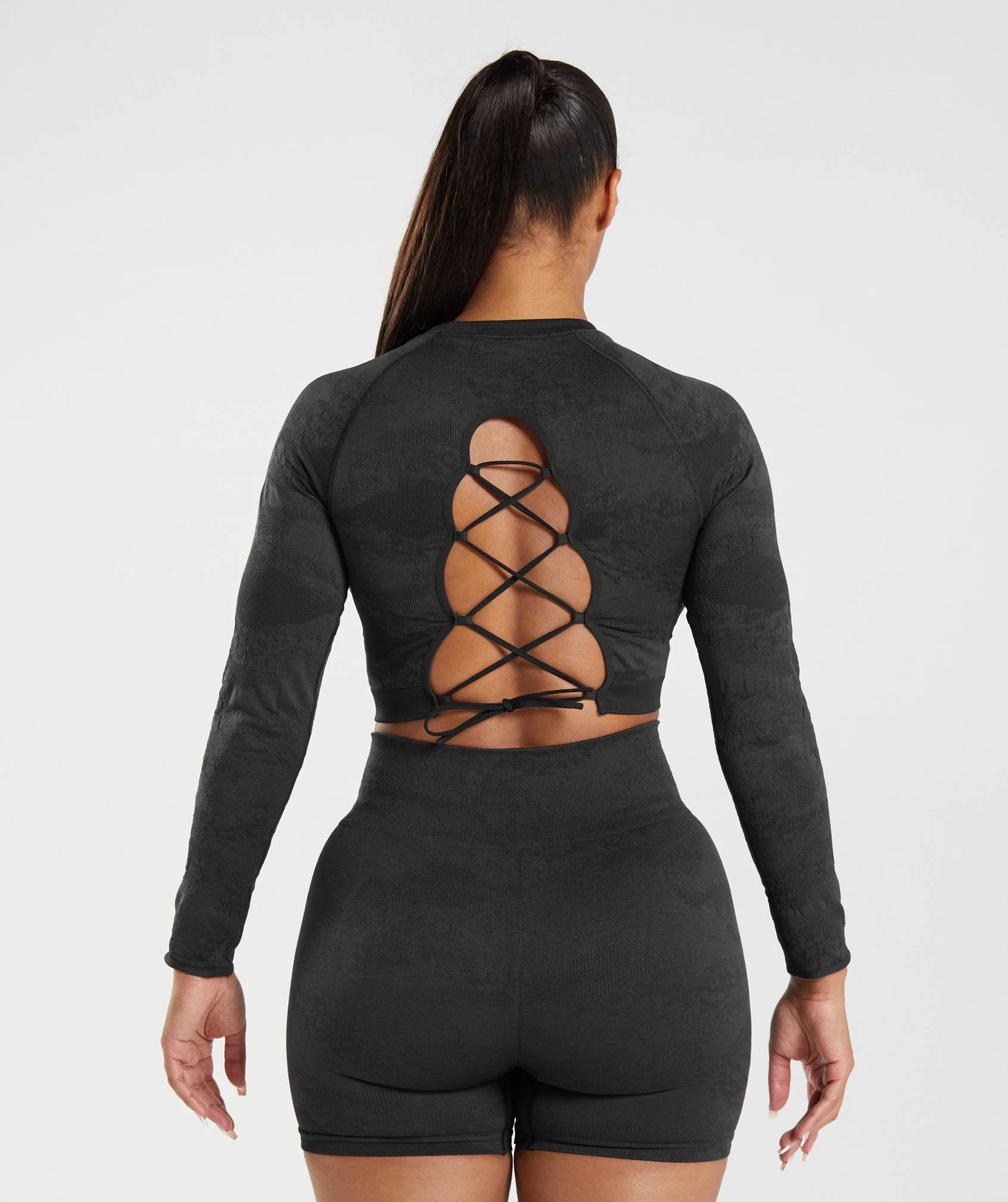 Adapt Camo Seamless Lace Up Back Top Black/Onyx Grey