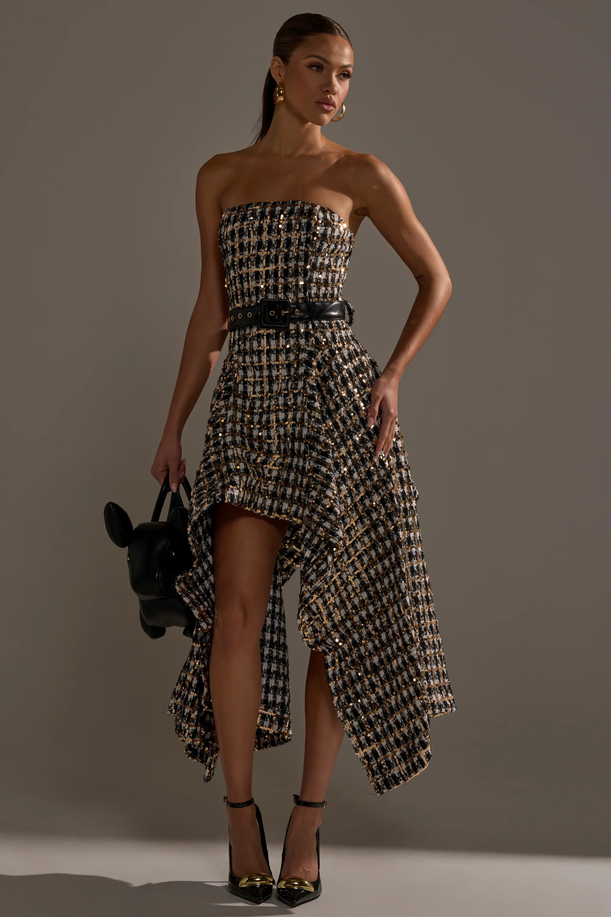 Pure Royalty Brocade High Low Tweed Dress With Sequins