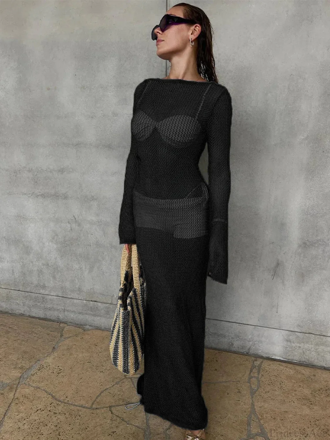 Hollow Out Long Sleeve Bikini Cover Up