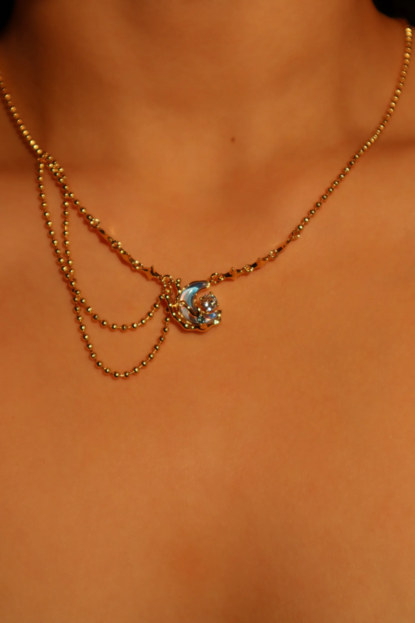 18K Real Gold Plated Diamond Moonstone Moon Necklace