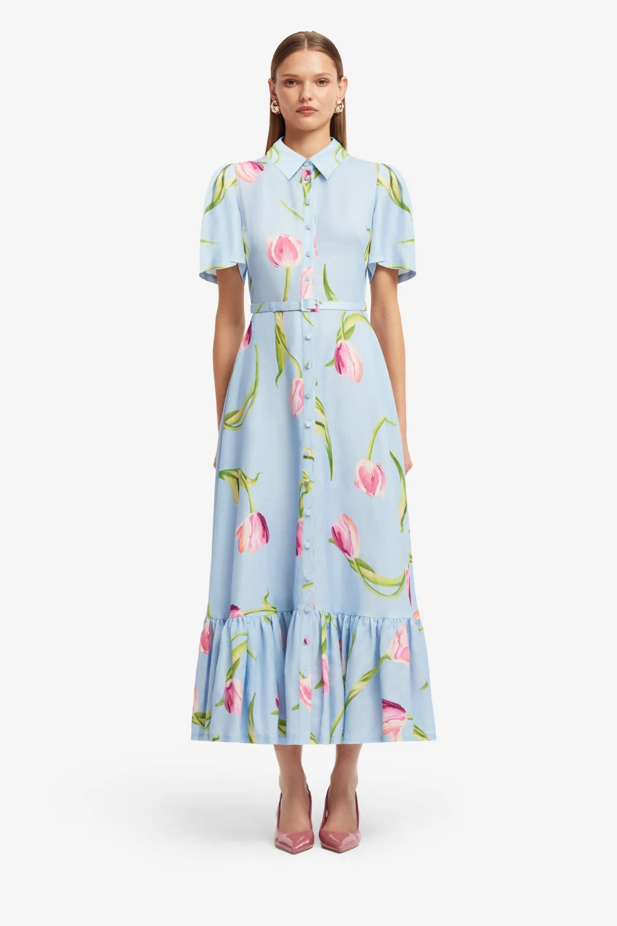 Becca Short Sleeve Midi Dress - Tulip Print in Blue