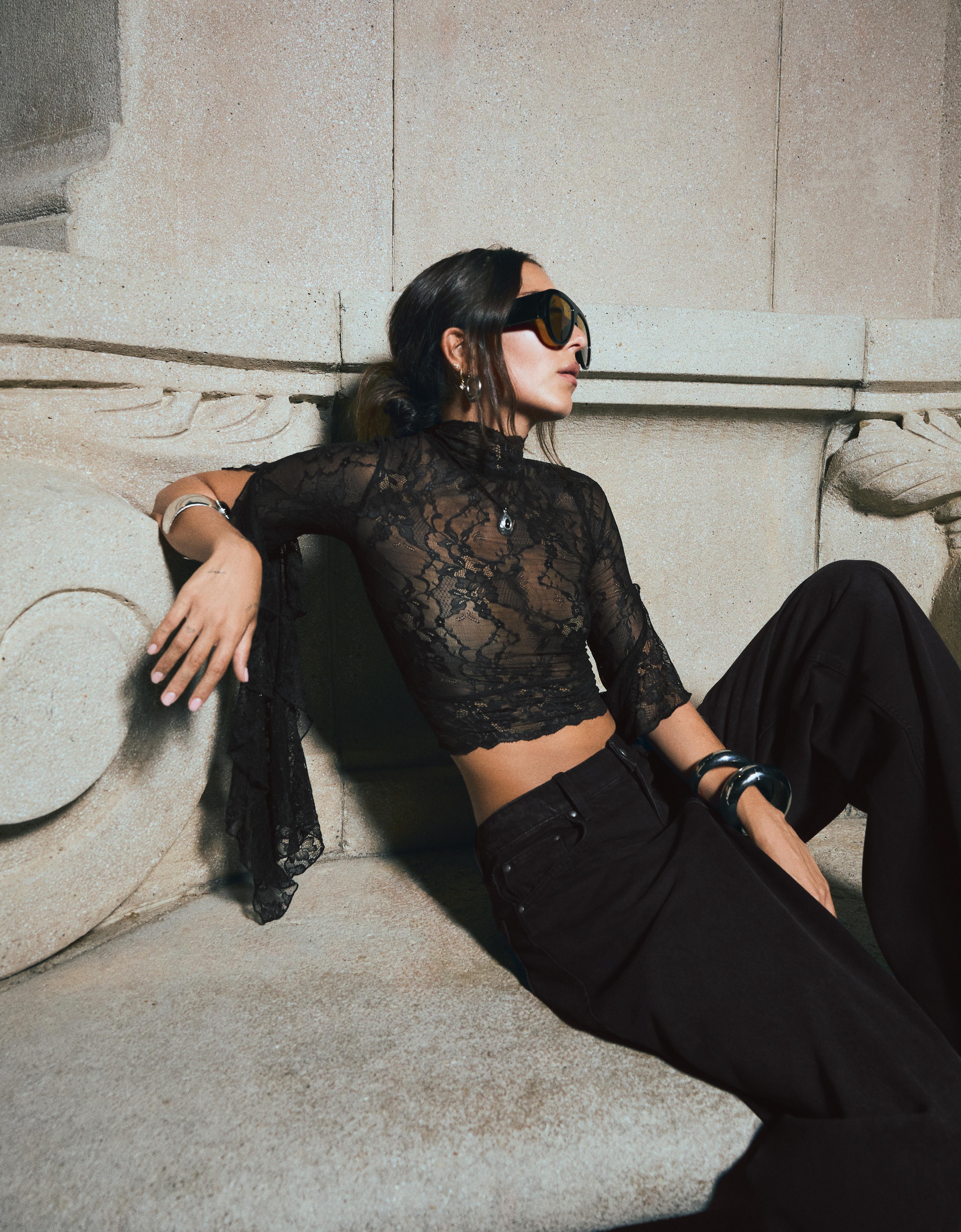 High-Neck Lace T-Shirt With Frill Sleeves