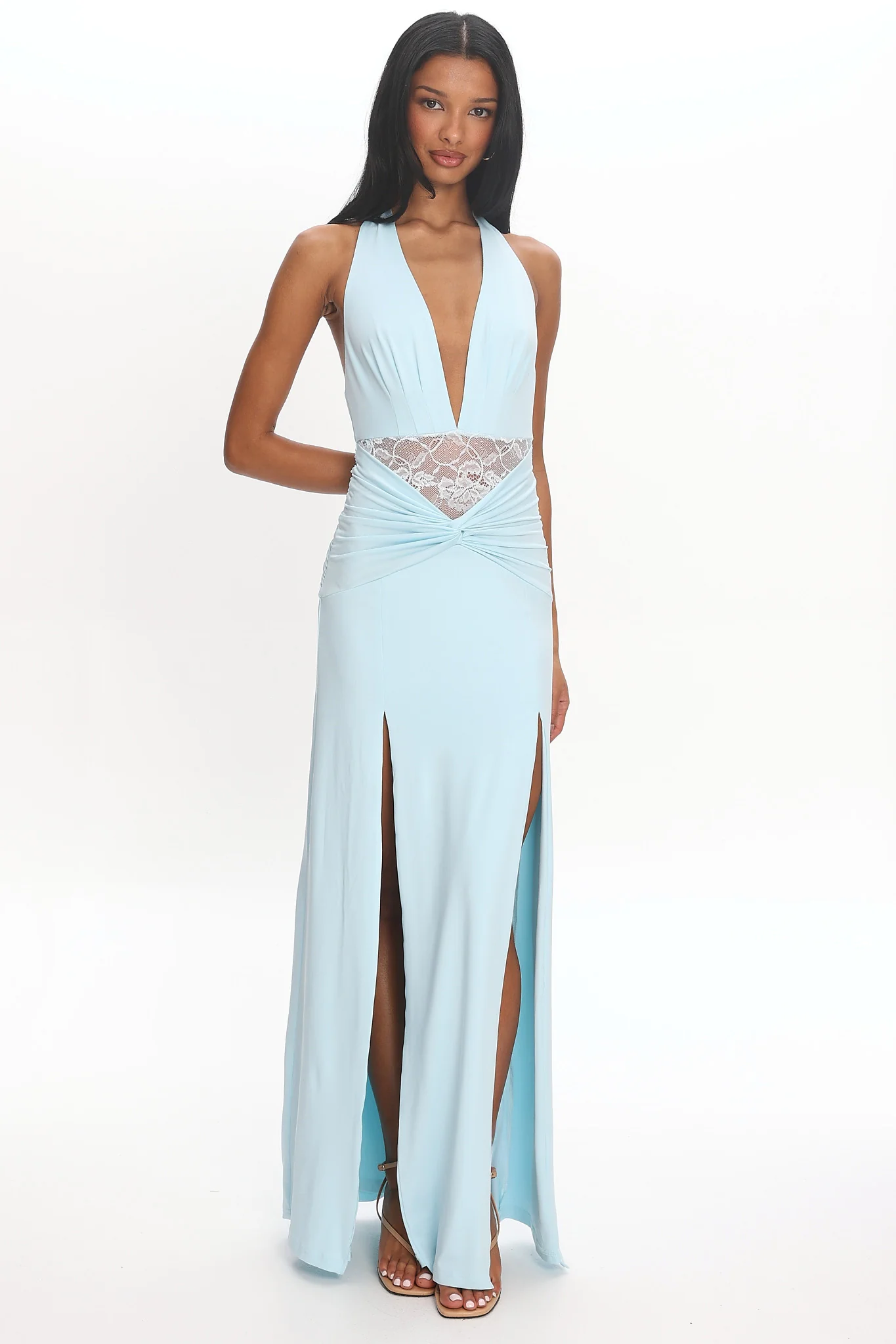 Swan Song Ruched Slit Maxi Dress Blue