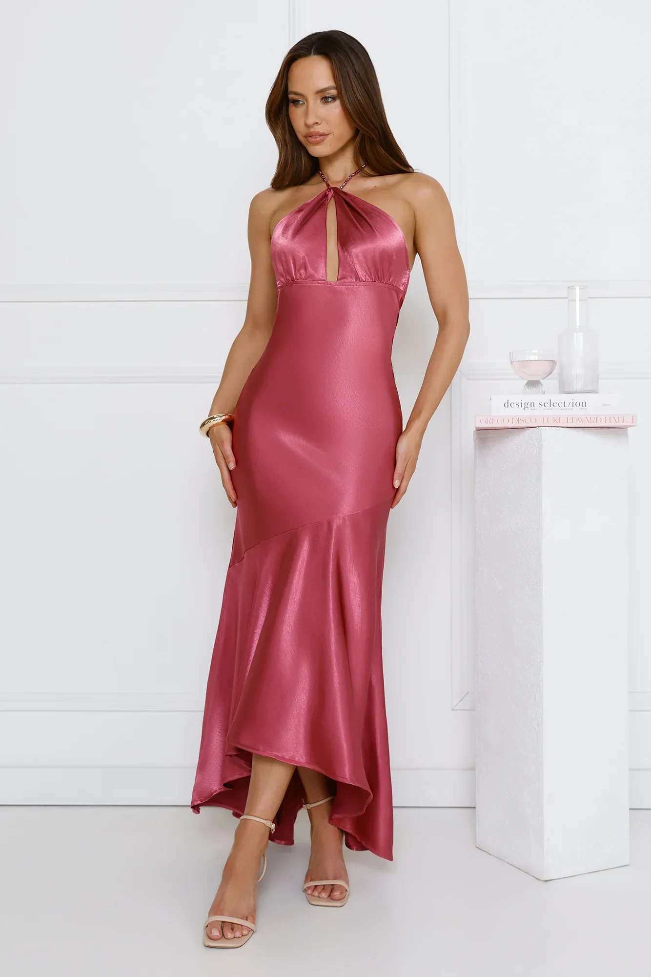 Silken Affair Halter Satin Maxi Dress Rose