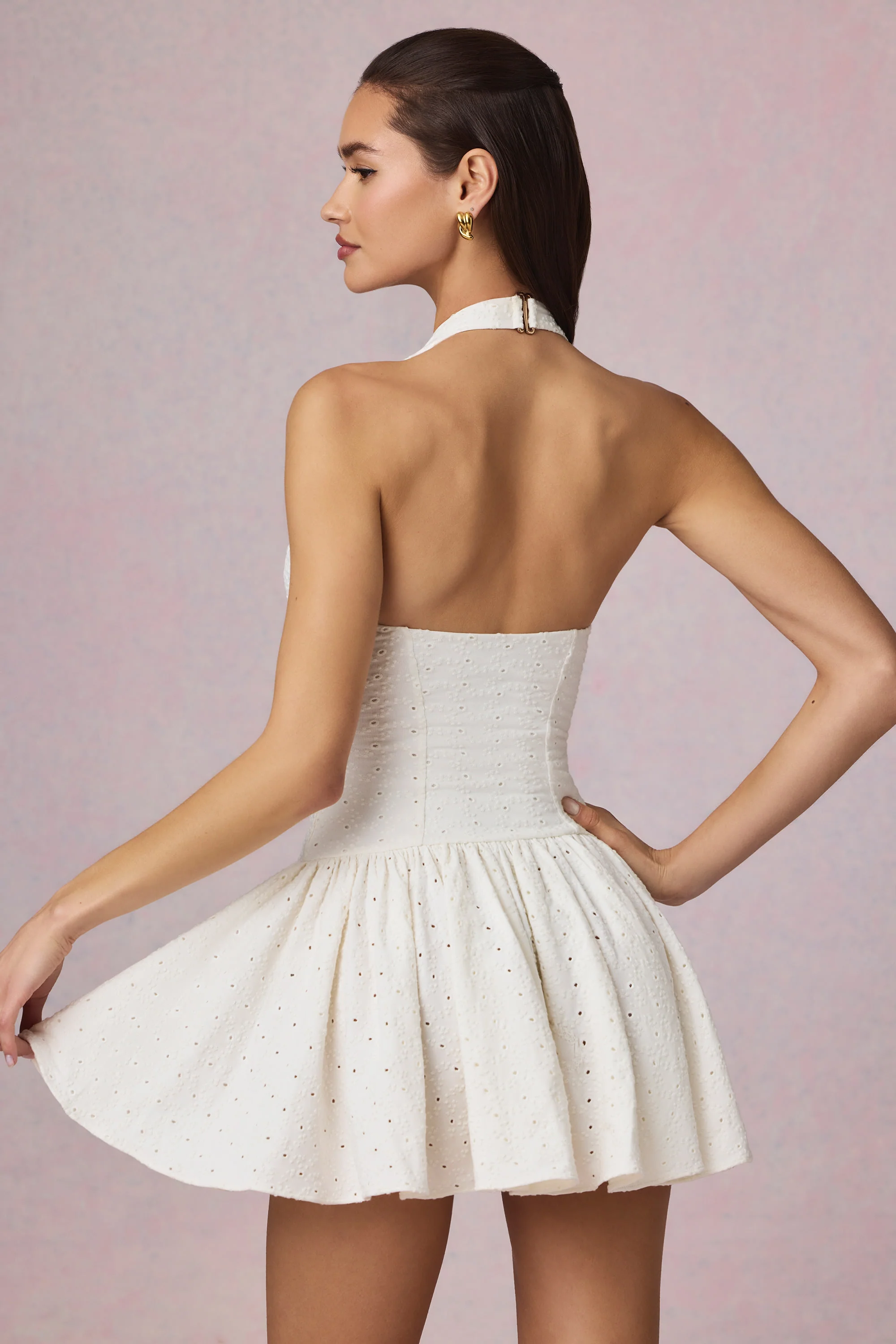 Modal Broderie Anglaise Halterneck Mini Dress in White