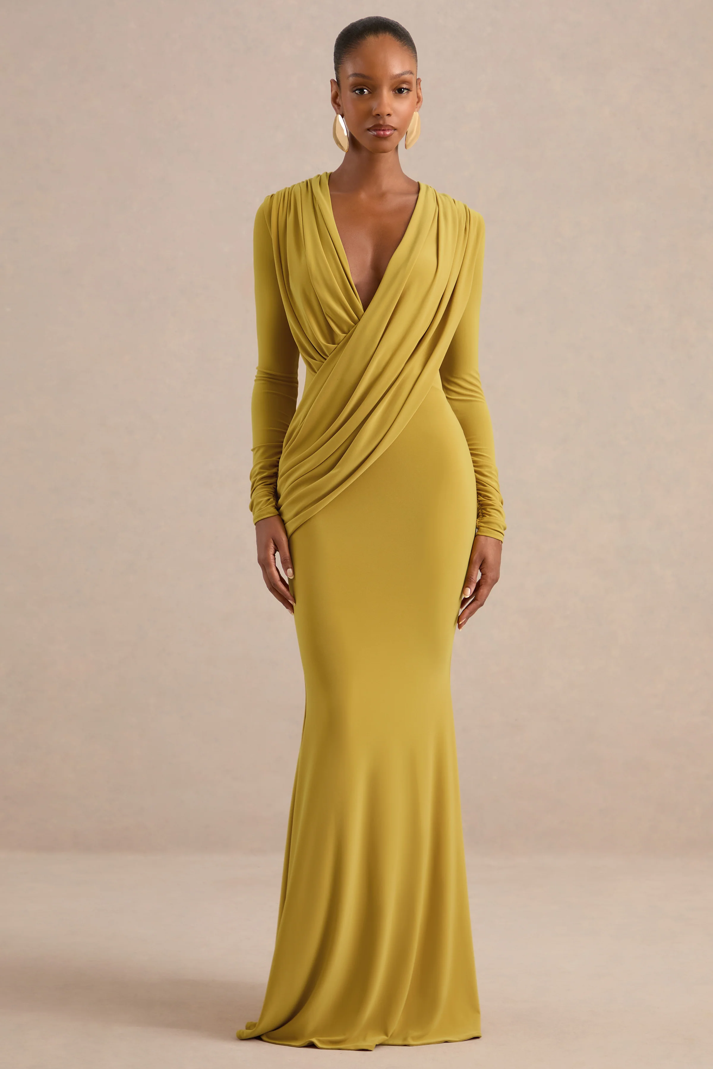 Azmina | Mustard Jersey Ruched V Neck Long Sleeve Maxi Dress With Draped Detailing And Low Back