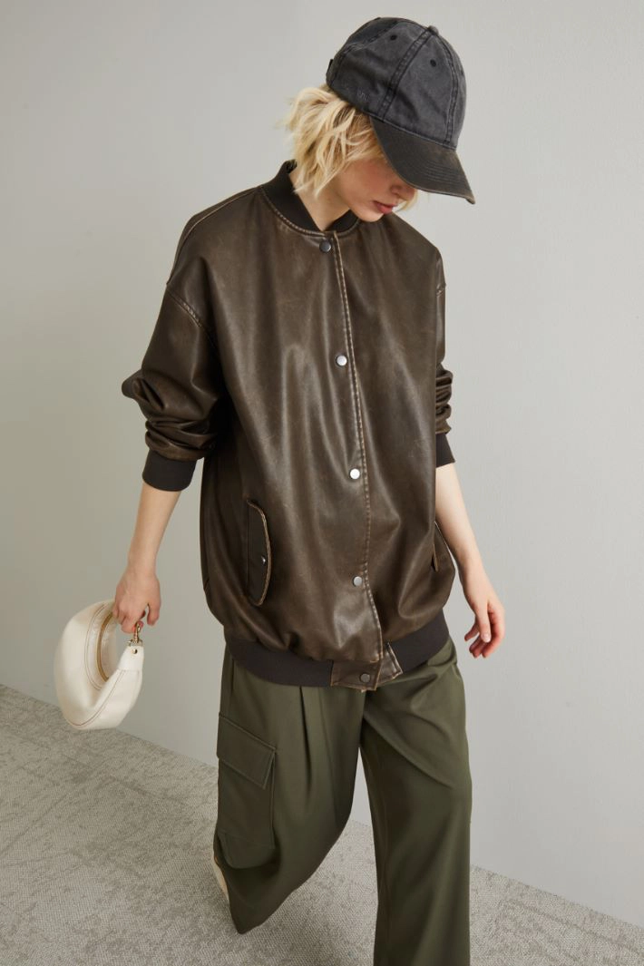 Coated jersey bomber jacket - DARK BROWN
