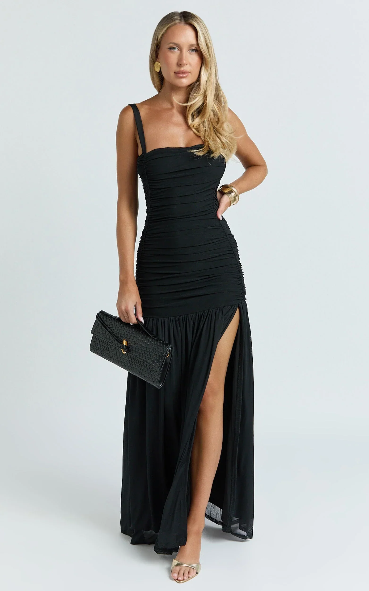 Cardi Maxi Dress - Ruched Mesh High Leg Split Dress in Black