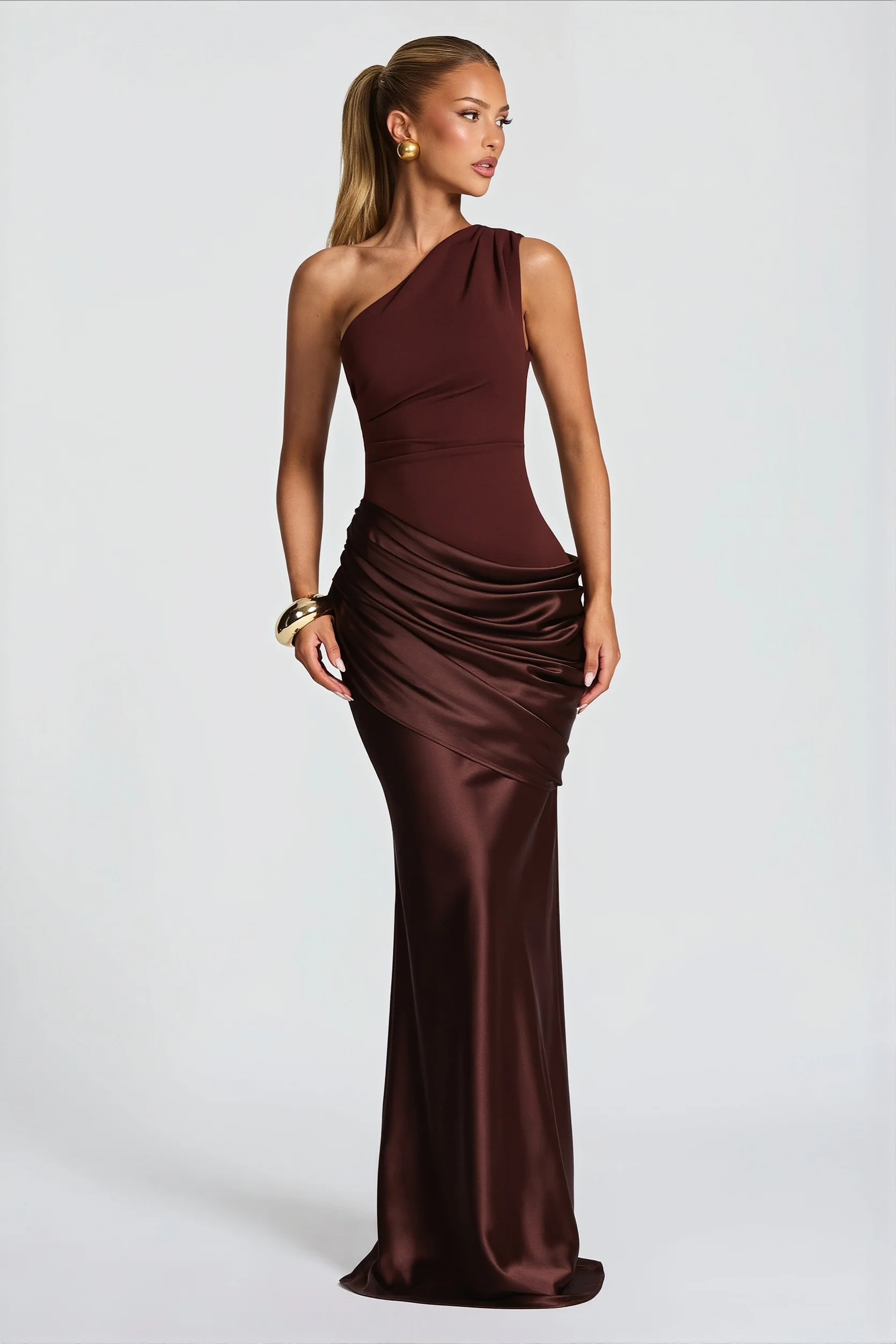 Satin Splice Ruched Slim Maxi Dress