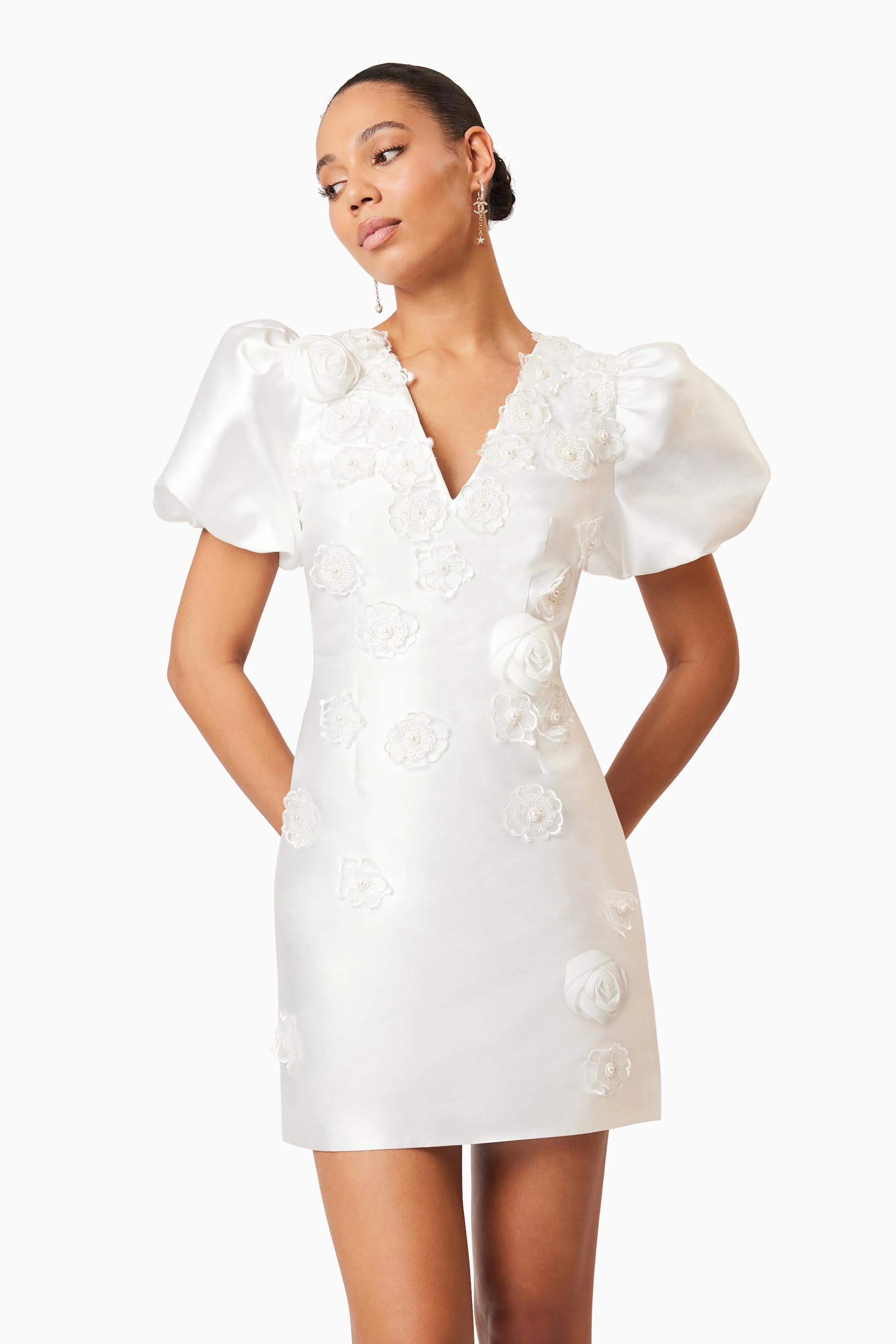 Oleander Mini Puff Sleeve Dress In White