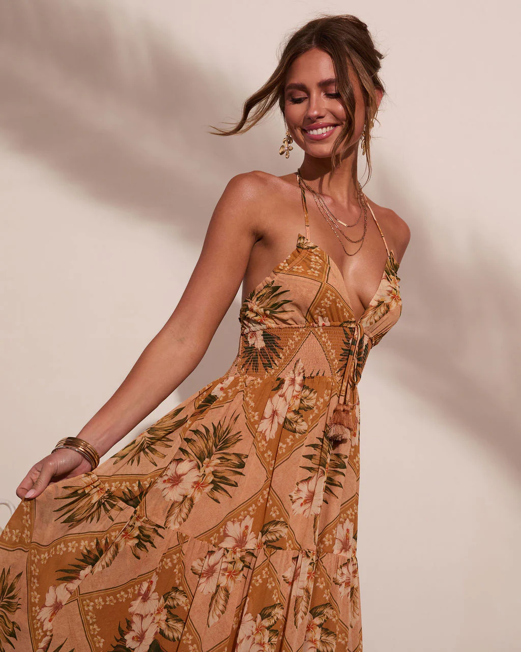 Mediterranean Muse Floral Halter Neck Maxi Dress